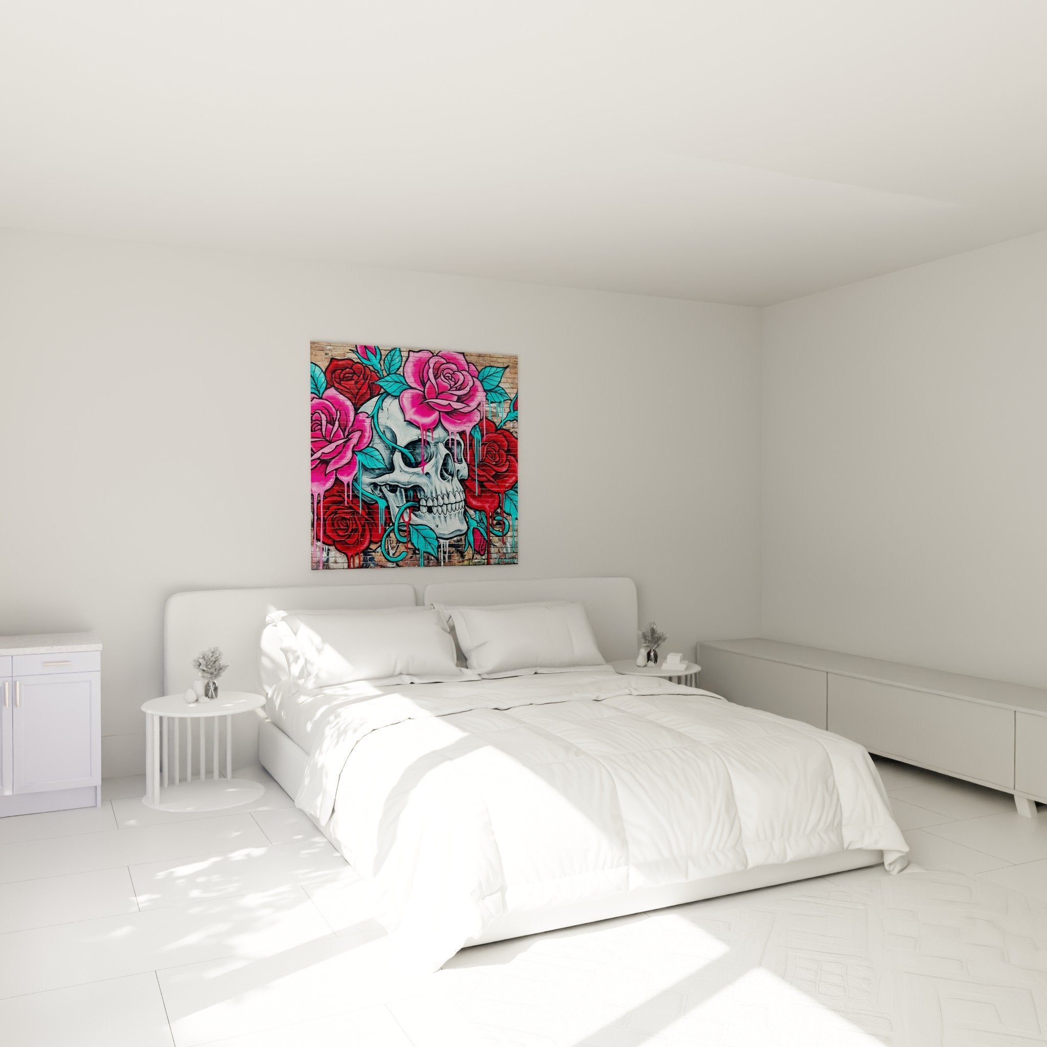 Tableau crane roses street art neon chambre moderne mur anthracite decoration urbaine contemporaine
