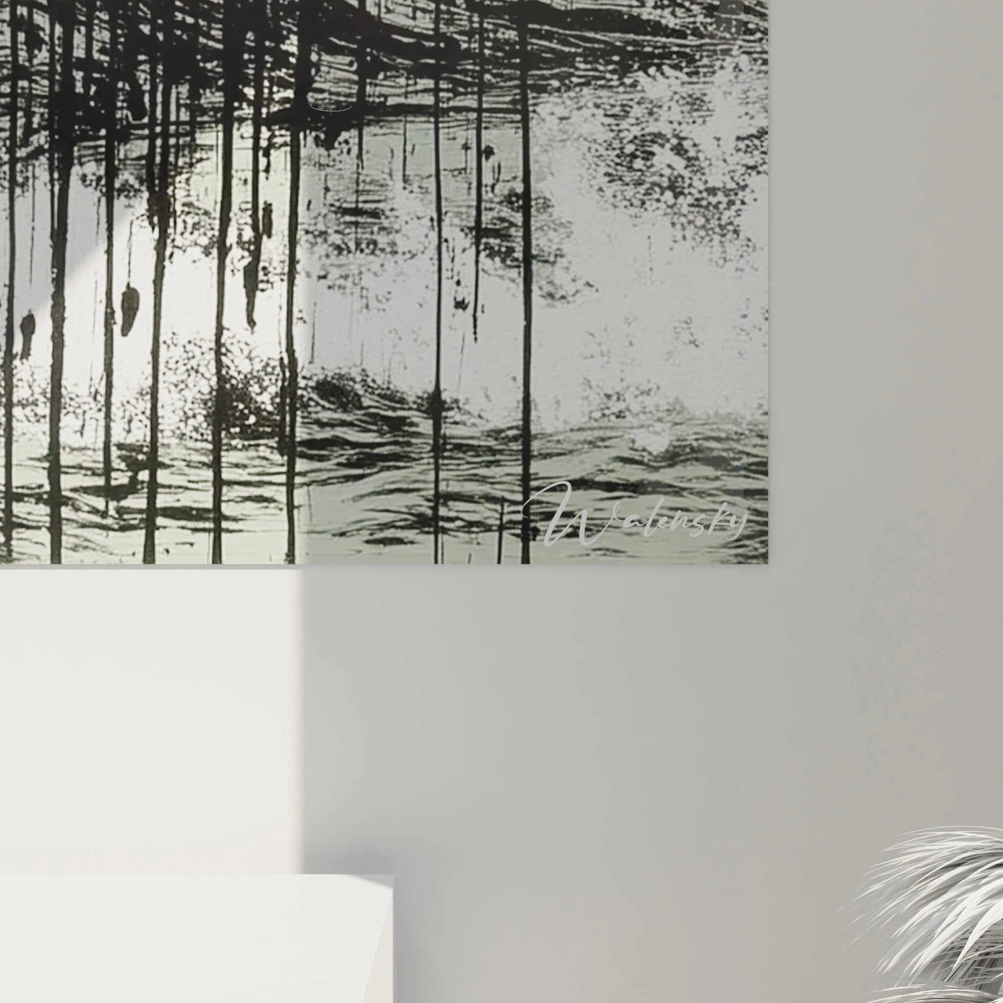 tableau crâne design Walensky mural en noir et blanc à effet gouttes et texture abstraite