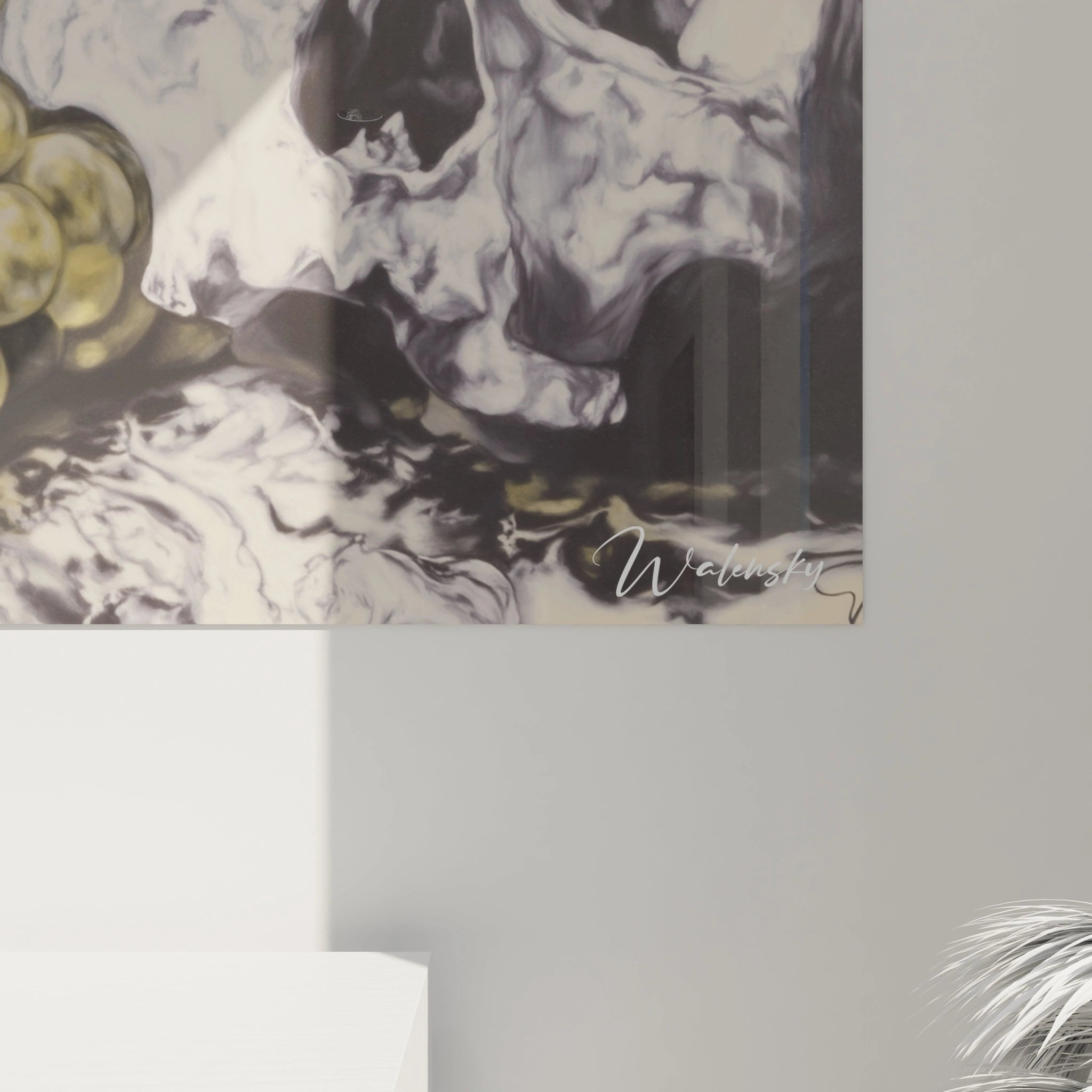 Tableau mural Walensky avec motif marbré noir blanc et or et crâne abstrait tableau vanité crâne déco