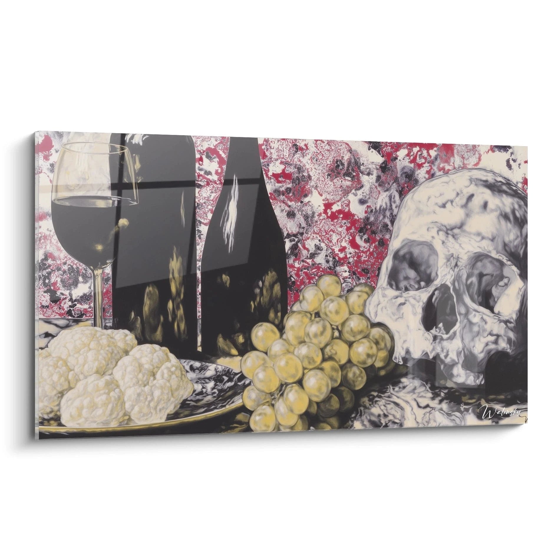tableau vanité crâne déco Walensky représentant une nature morte avec crâne bouteille de vin verre et raisins