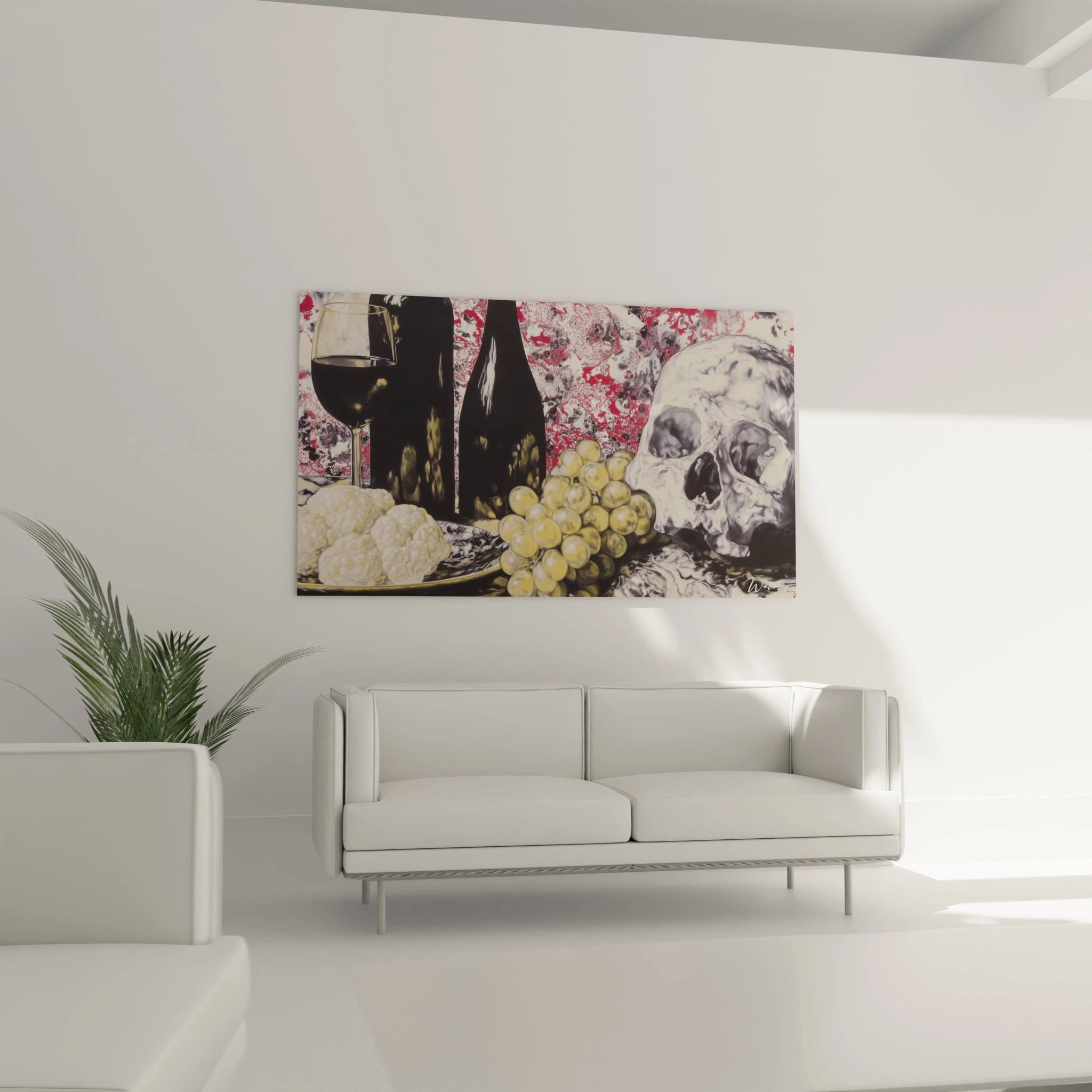 Tableau mural Walensky nature morte avec crâne, bouteille et verre de vin, raisins et fromage, tableau vanité crâne déco