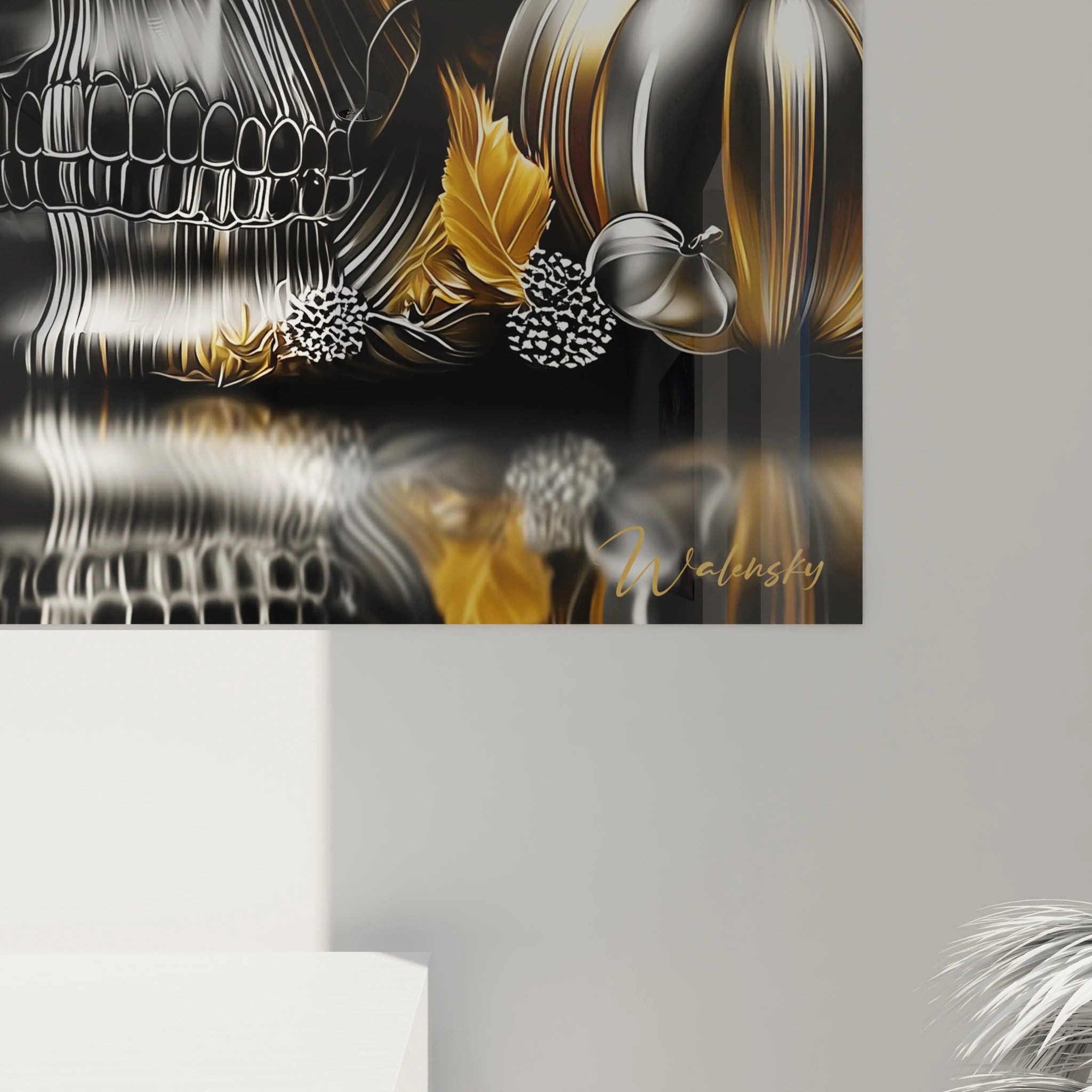 tableau crâne décoratif halloween Walensky en noir et doré avec citrouilles et feuilles métalliques sur fond réfléchi
