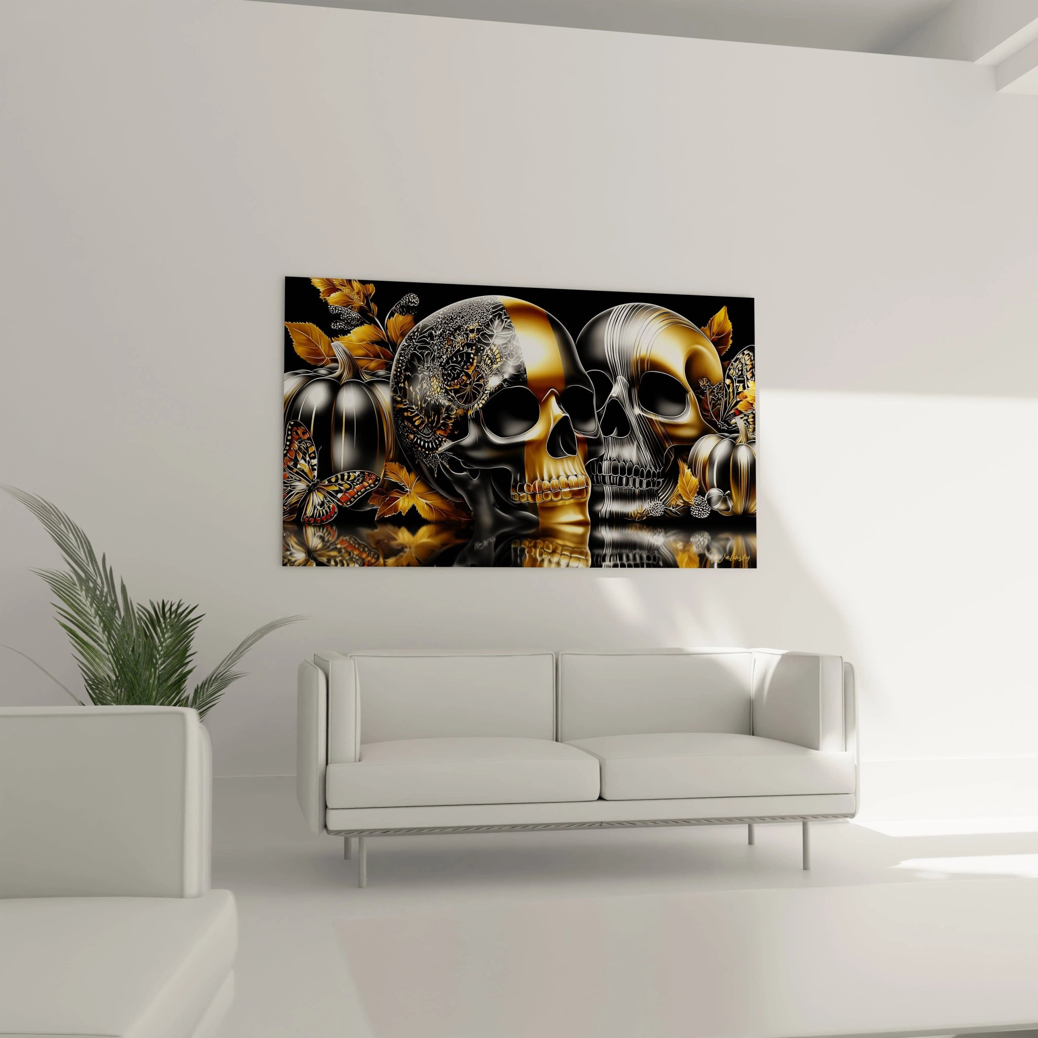 Tableau mural Walensky tableau crâne décoratif halloween en noir et or avec crânes réfléchissants et citrouilles