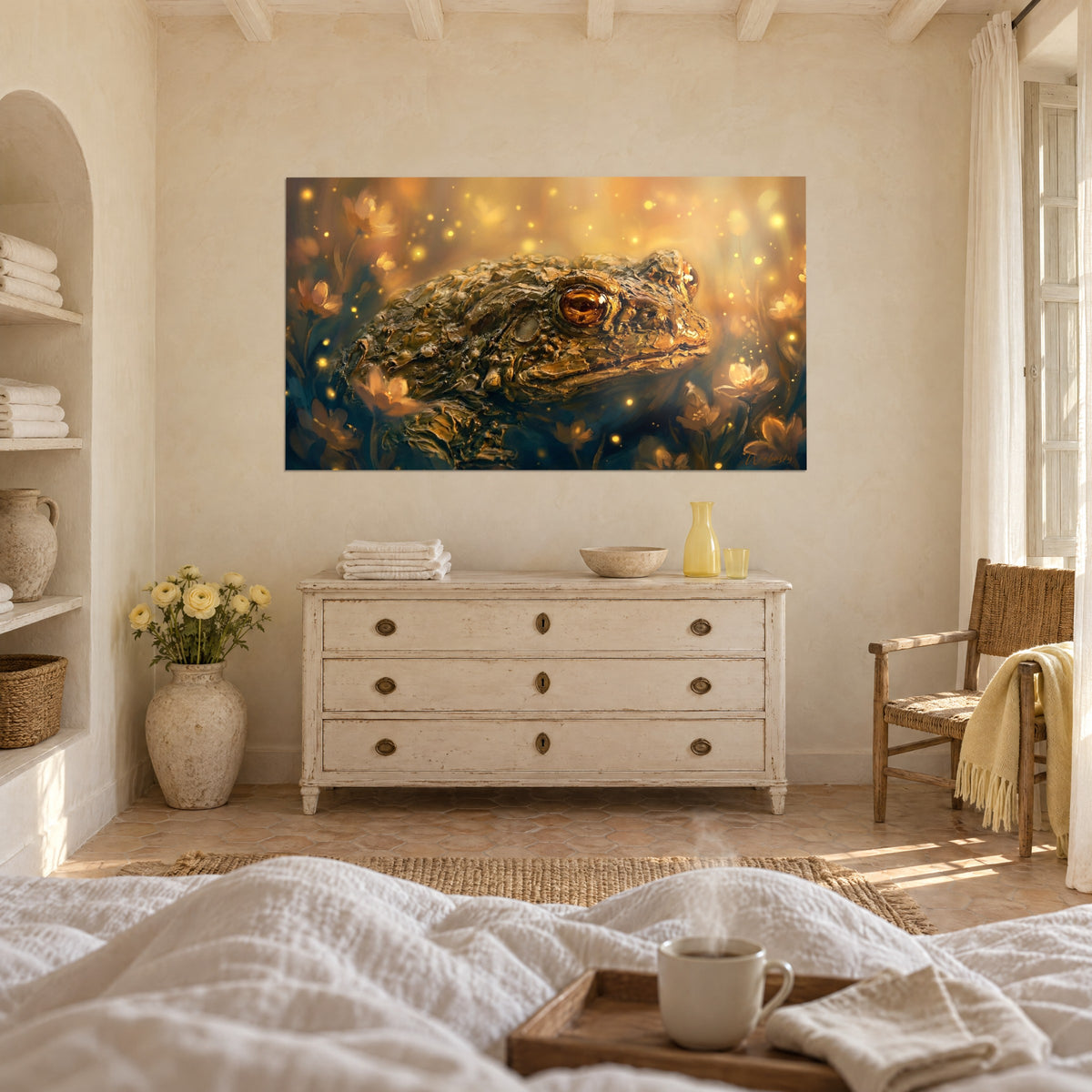 Tableau grenouille massive aux reliefs de peinture dorée, halo miel, pétales abricot, au-dessus d'un lit dans une chambre claire