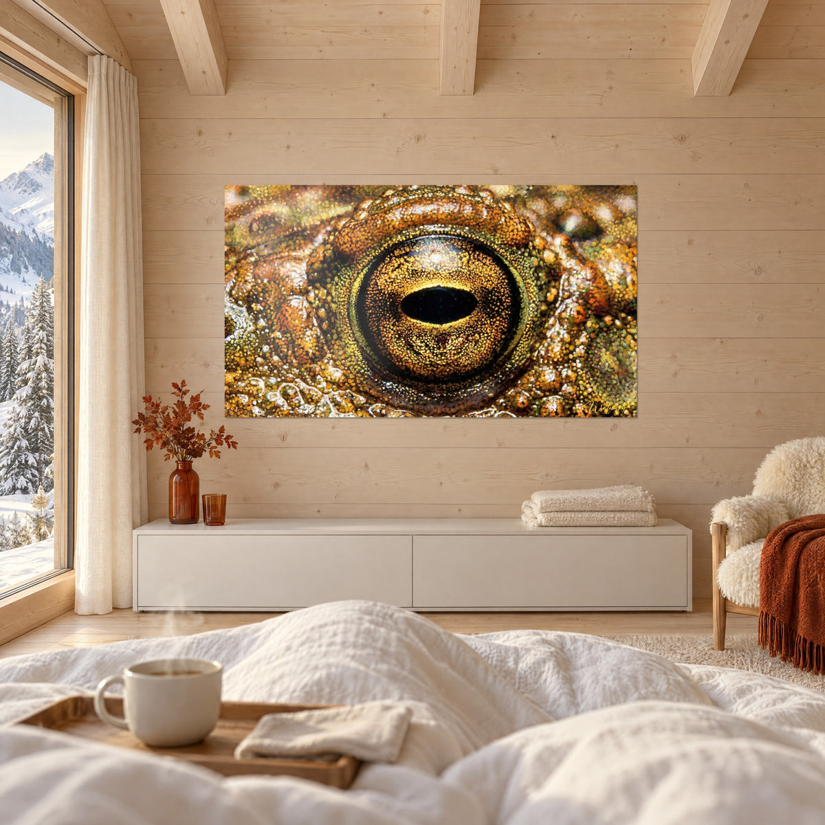 Wall art swollen eyelid and slit black pupil, copper and olive tones, above a bed in a light bedroom