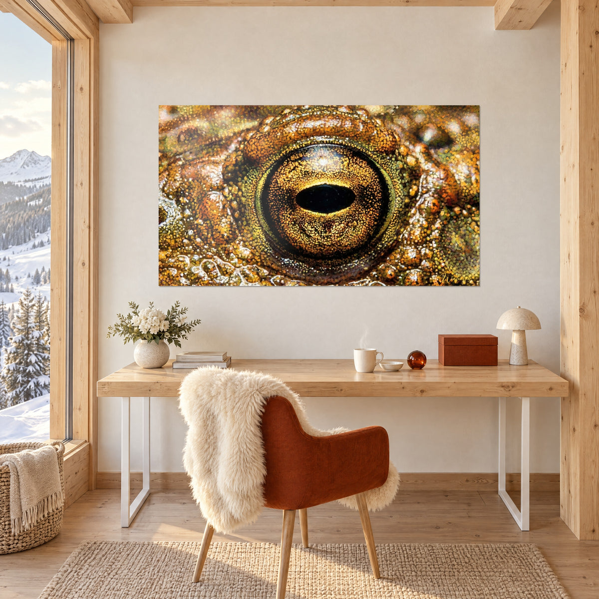 Wall art large toad eye with golden and green dots, rust-coloured skin with raised texture, above a white wood desk