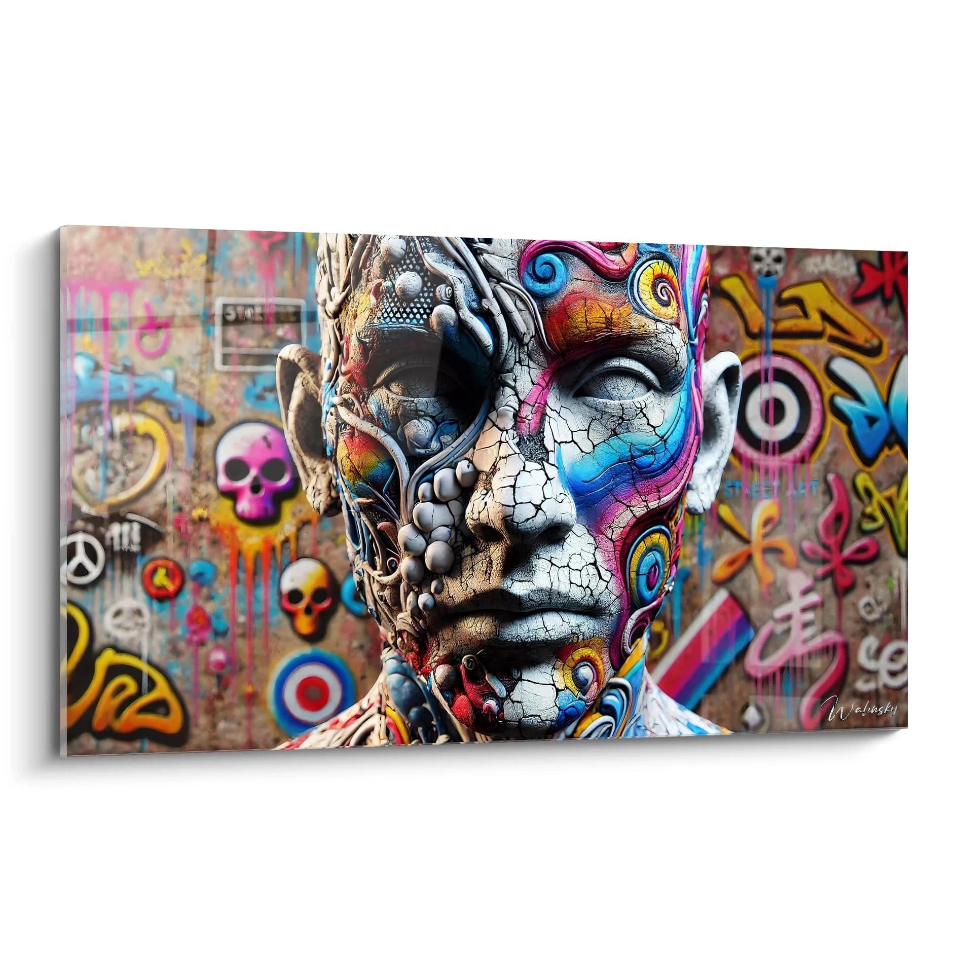 Vue de biais, ce tableau graffiti incarne l'énergie urbaine avec ses couleurs vives et textures uniques, capturant l'essence du street art contemporain et la liberté d'expression.