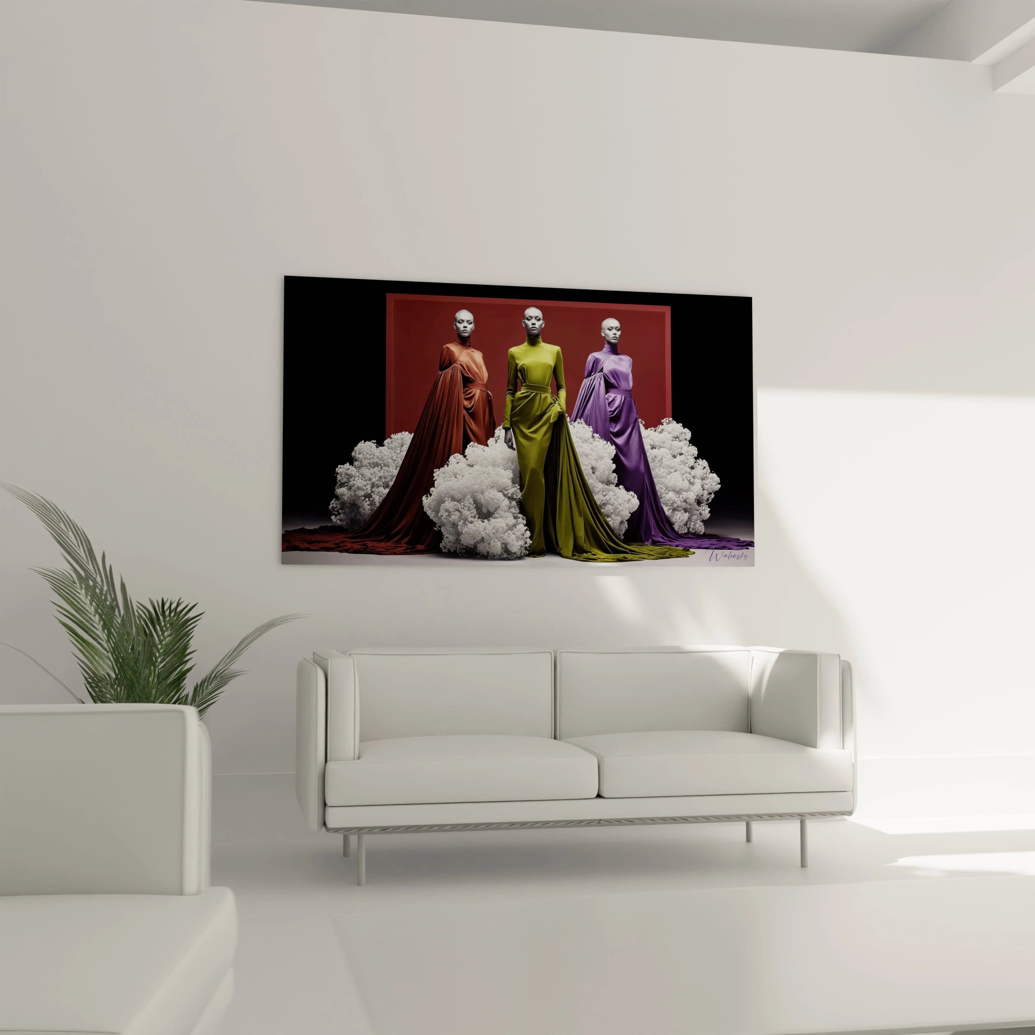 Tableau haute couture mural de Walensky avec trois mannequins en robes colorées sur fond artistique