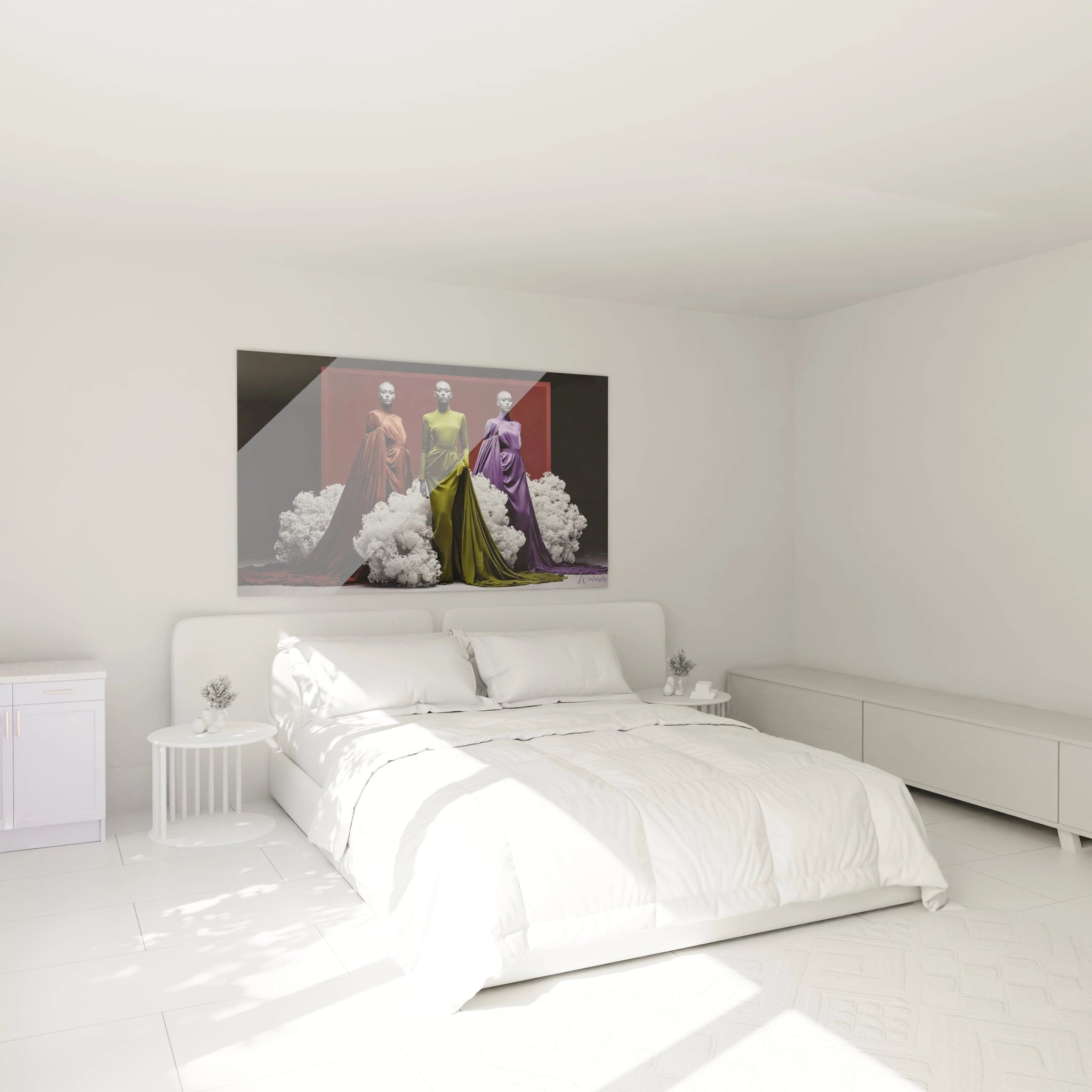 Tableau haute couture mural représentant des mannequins aux vêtements colorés dans une chambre moderne