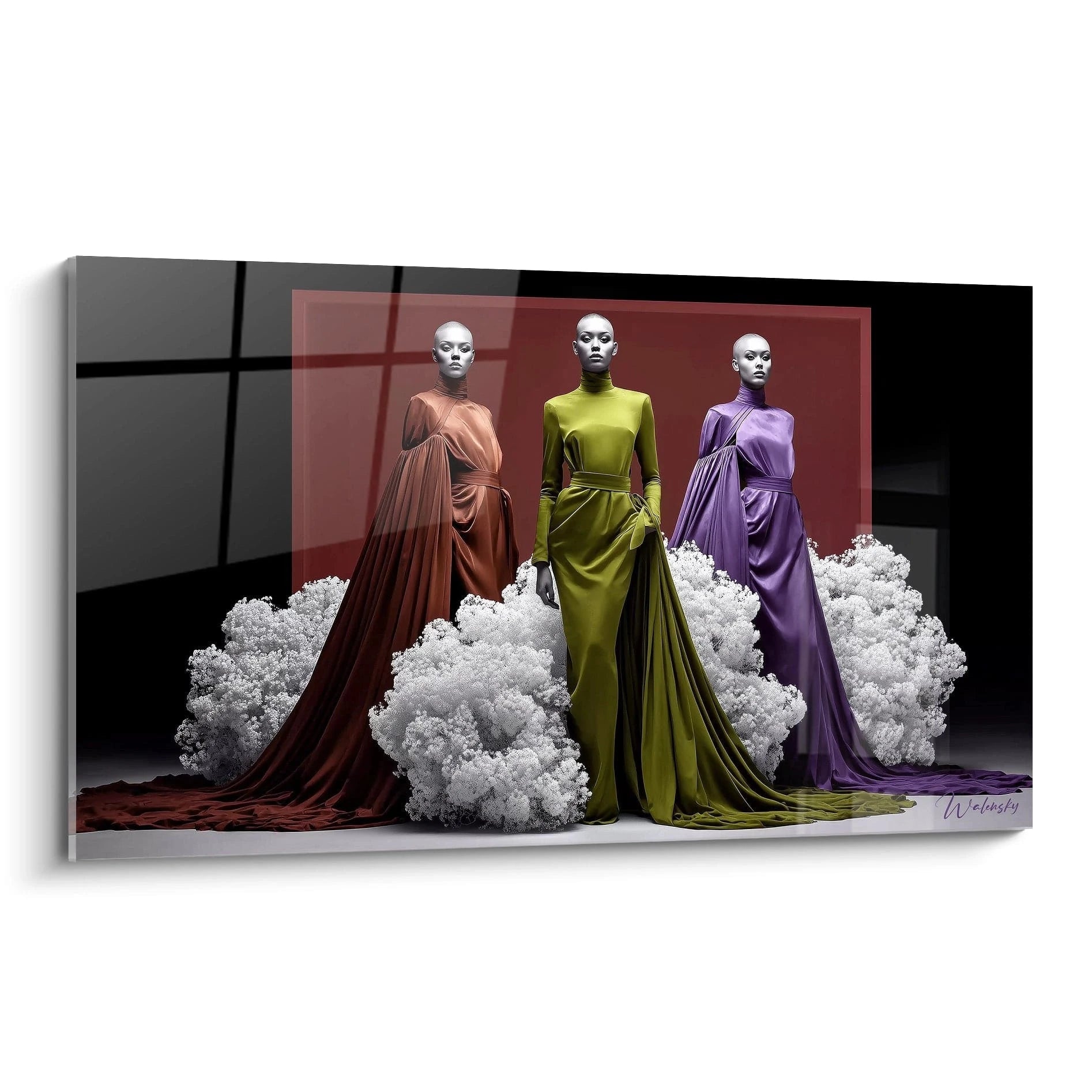 Tableau haute couture mural représentant des mannequins en robes élégantes sur fond artistique