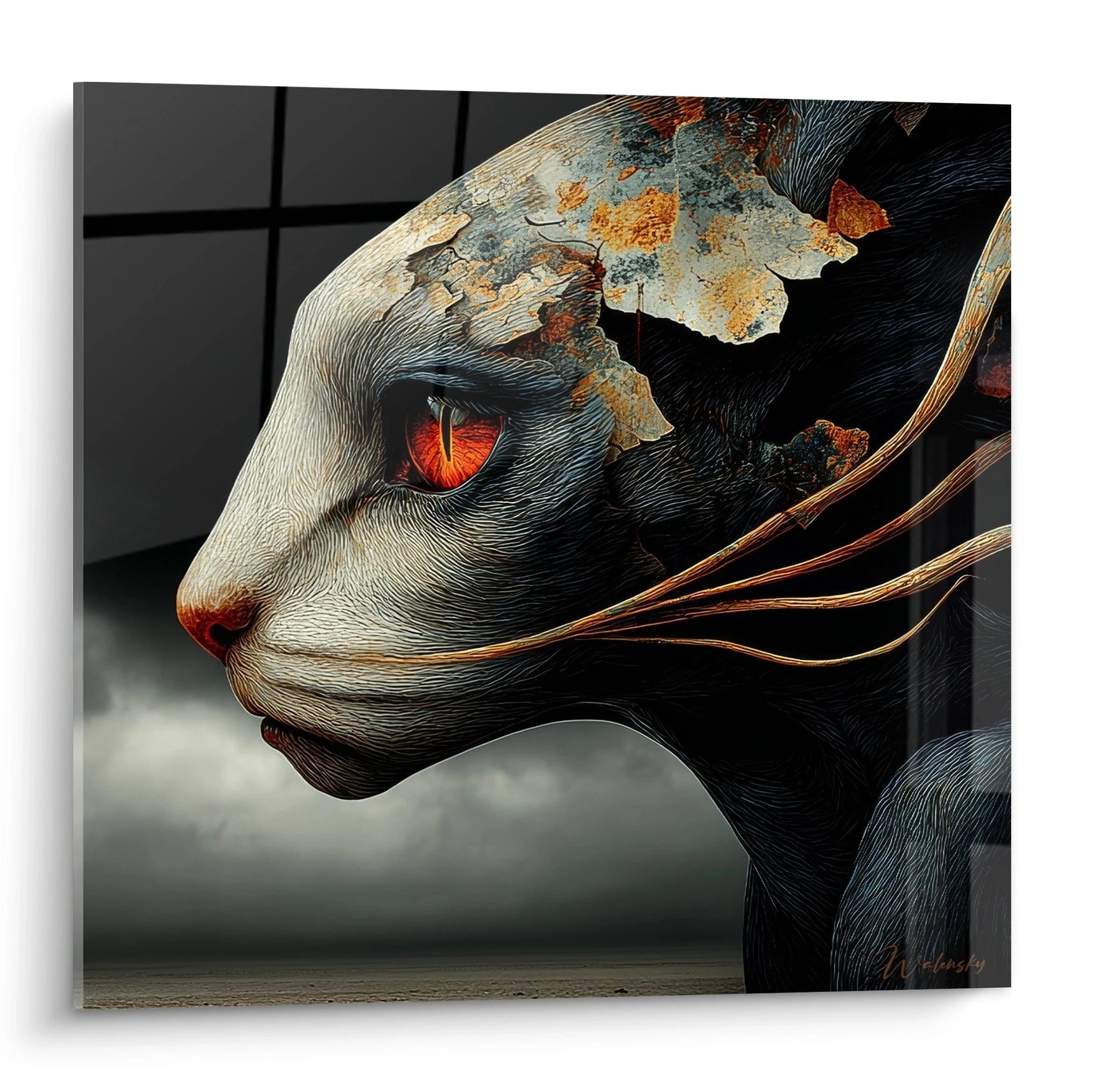 Tableau mural créature fantastique aux yeux rouges flamboyants et texture dorée corrodée