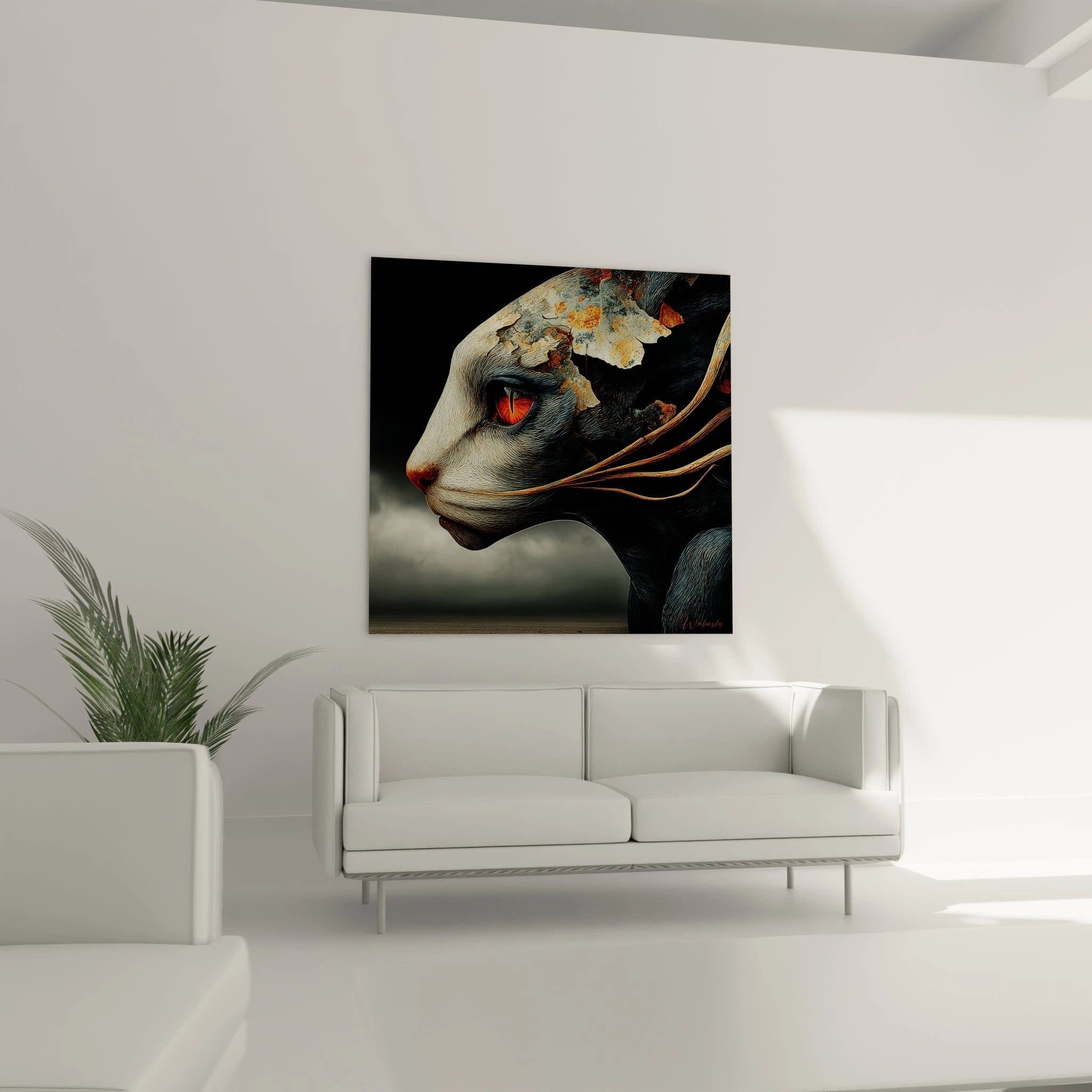 Gros plan détail œil rouge ardent créature fantastique texture peau métallique dorée