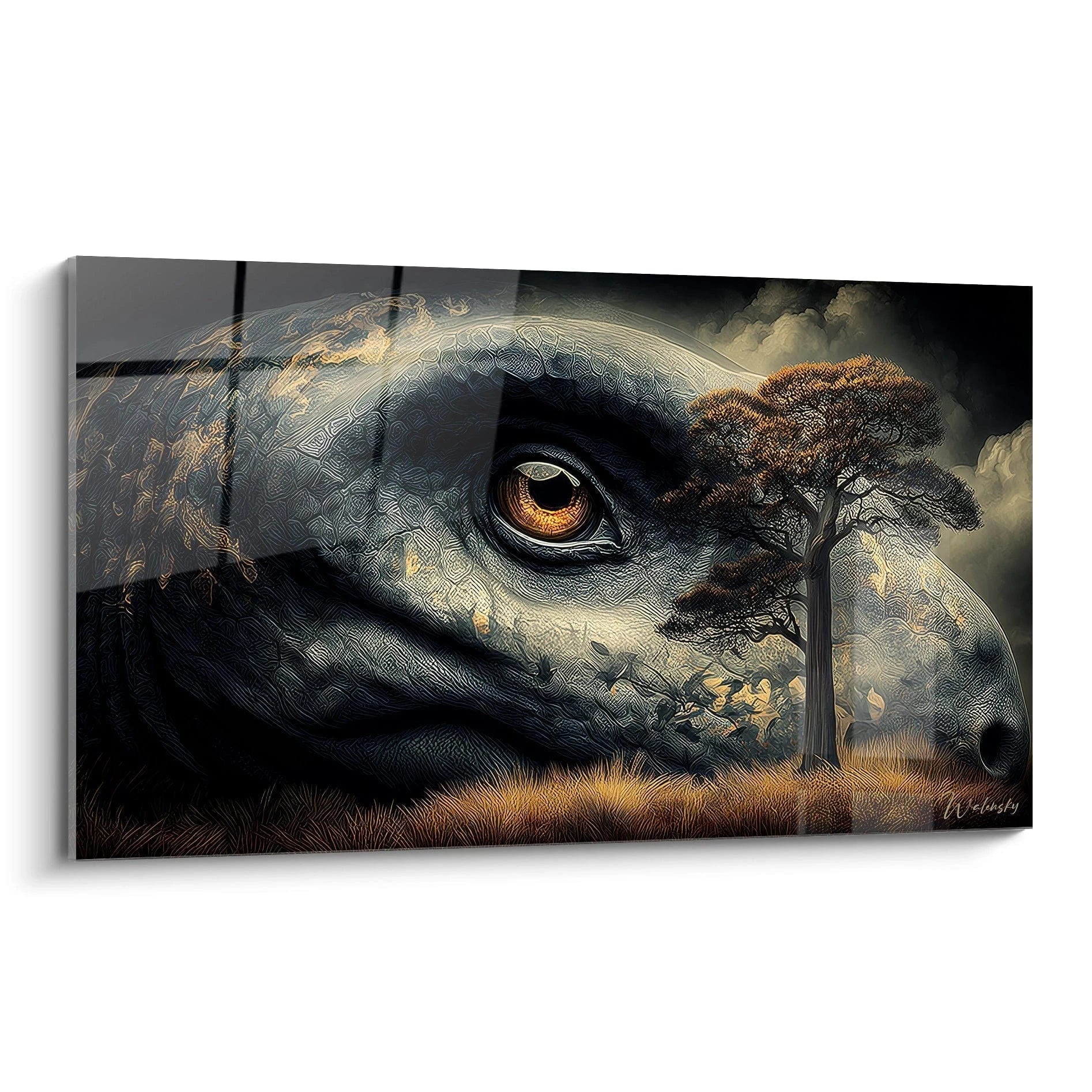 Tableau mural Mokele-mbembe représentant une créature préhistorique au regard ambré hypnotique sur fond sombre