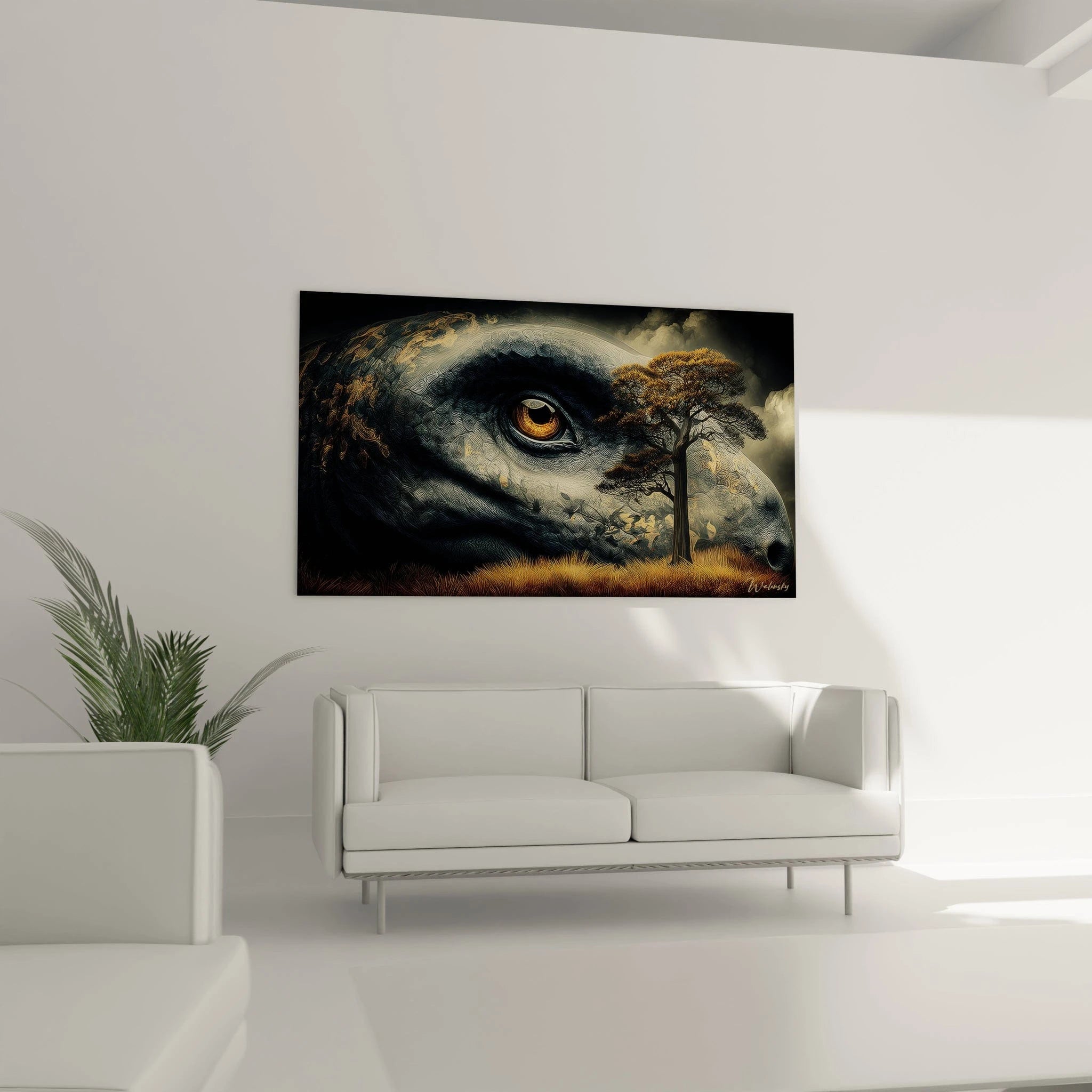 Gros plan tableau Mokele-mbembe montrant détails texture reptilienne et œil doré de la créature légendaire