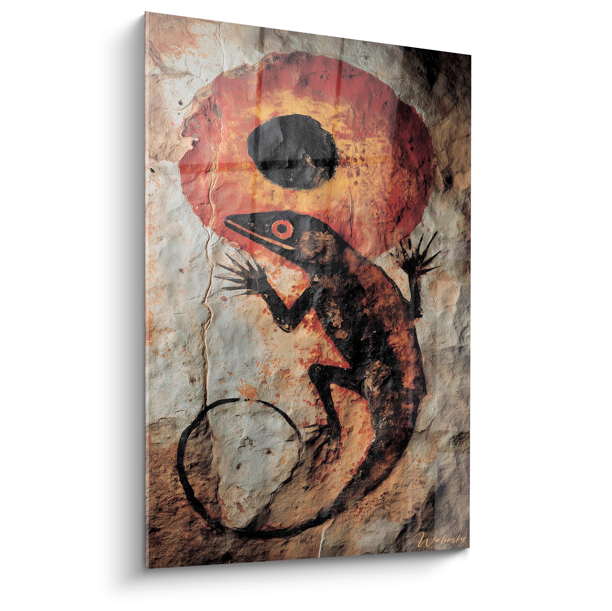 Tableau mural art rupestre créature shamanique préhistorique sous éclipse solaire rouge orange