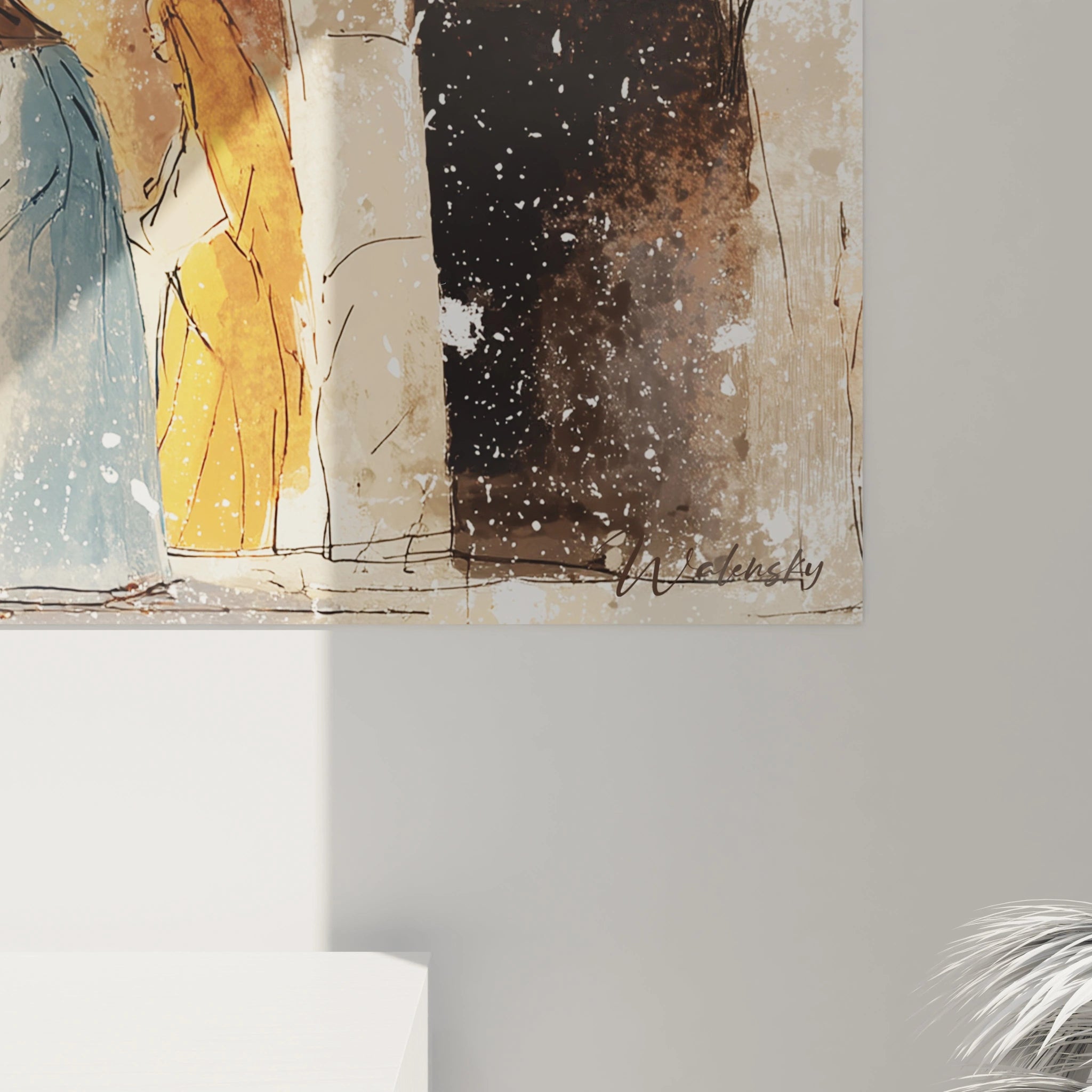 Tableau mural représentant une crèche de Noël artistique par Walensky avec des personnages colorés