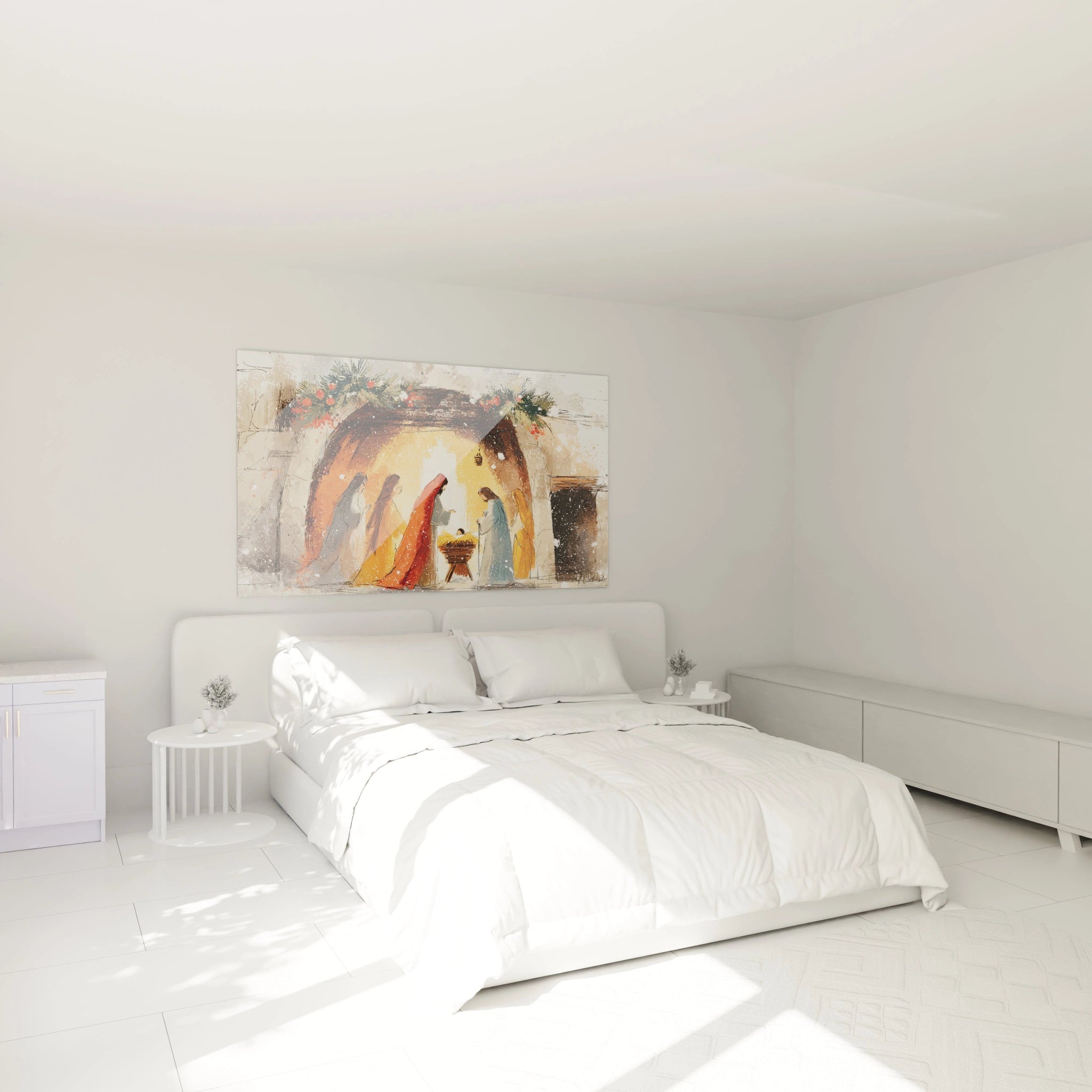 Tableau crèche de Noël Walensky accroché dans une chambre lumineuse avec un lit blanc et des meubles clairs