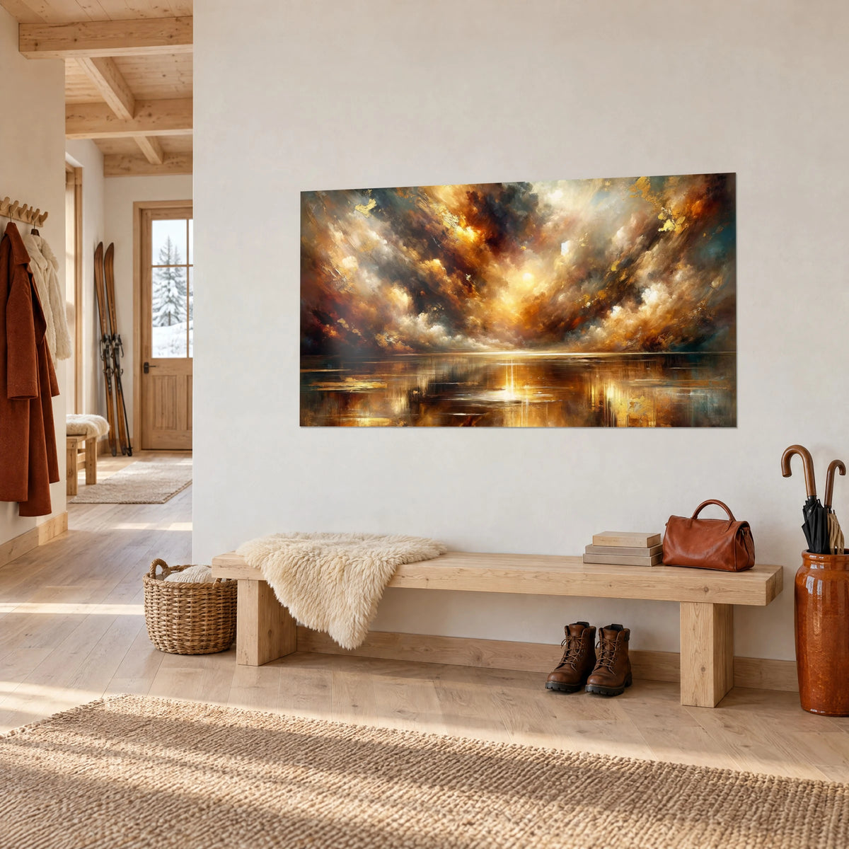 Quadro nuvole incandescenti con tocchi d'oro e grigio scuro, lago scintillante, vista di tre quarti su una parete bianca di chalet