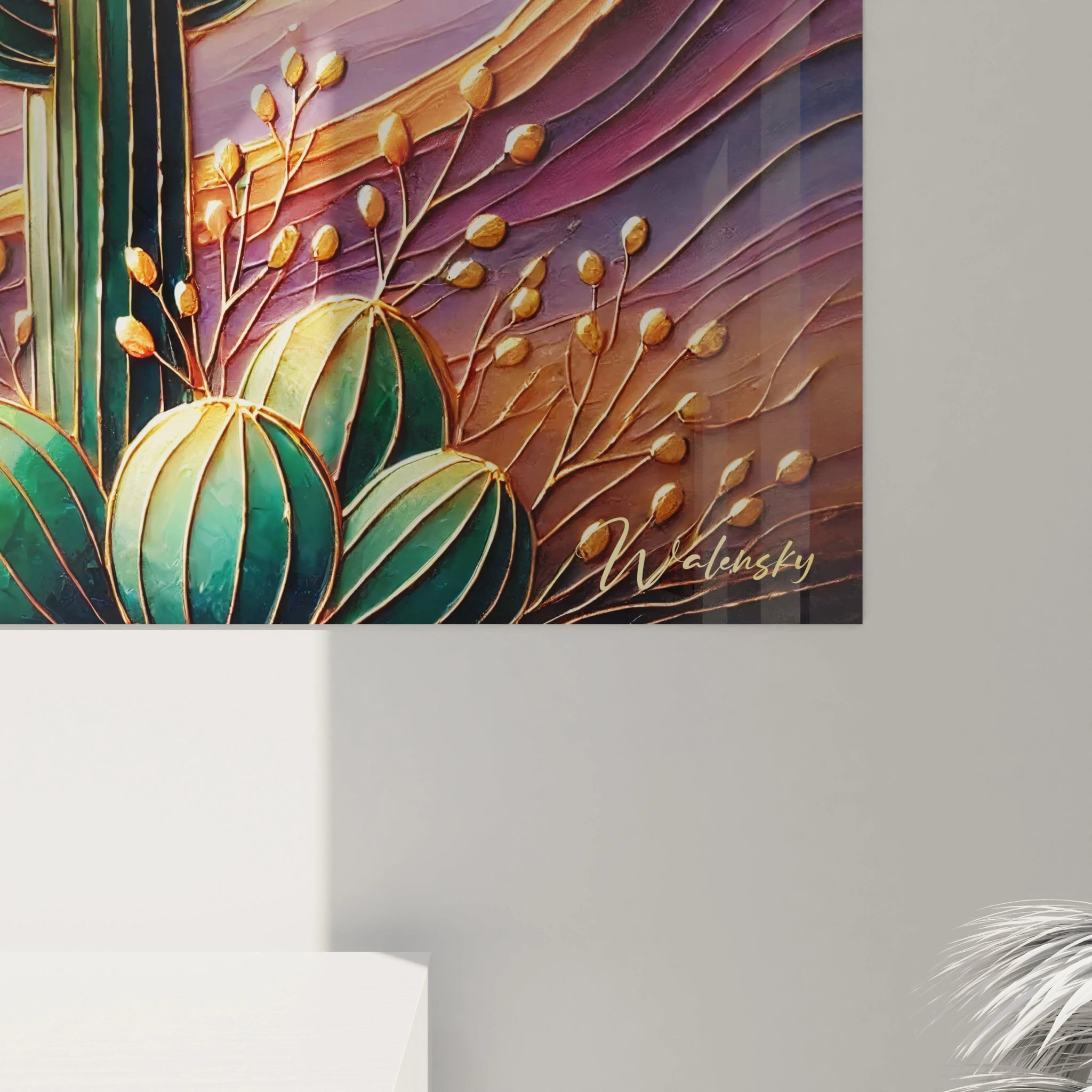 Une vue de près du tableau Coucher de Soleil révèle la texture sculpturale et les couleurs fluides. Une invitation à savourer la beauté d'un moment unique.