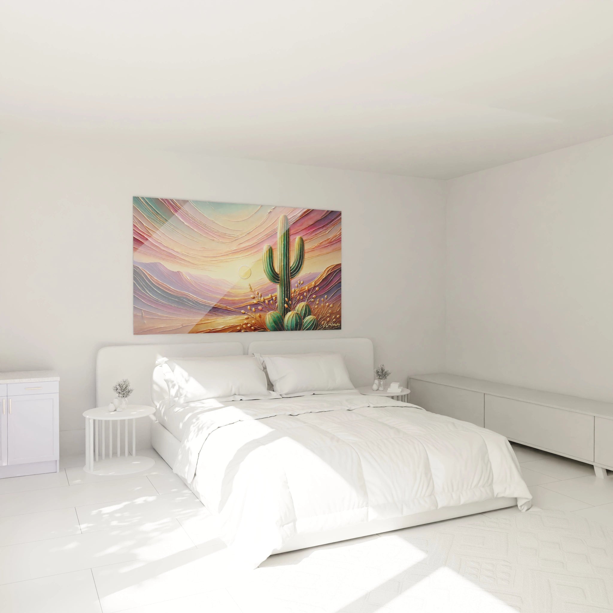 Admirez le tableau Coucher de Soleil au-dessus du lit dans cette chambre. Ses teintes dorées et vibrantes apportent une ambiance paisible et mystérieuse à votre espace.