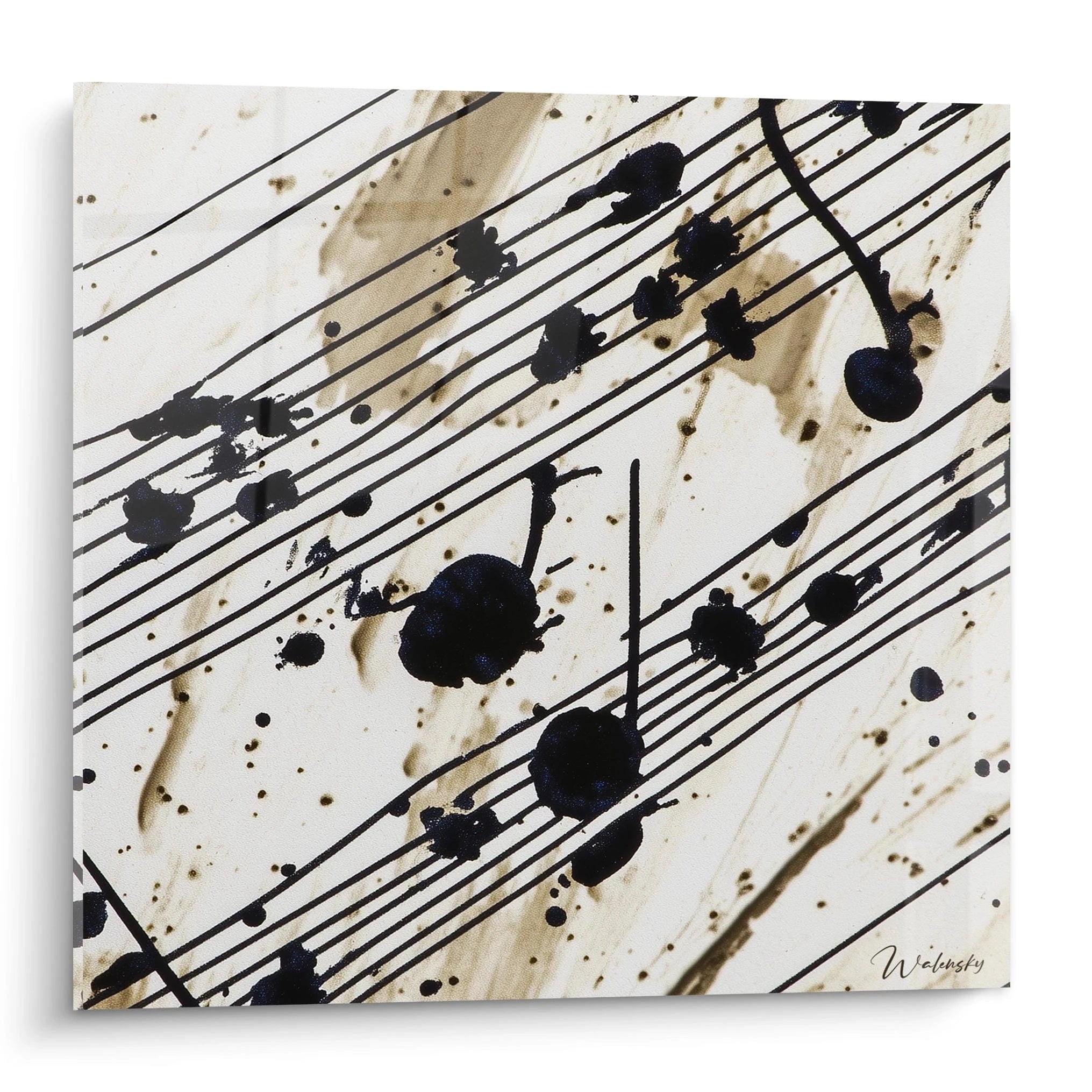 Tableau musique noir et blanc de Walensky avec des notes de musique artistiques sur fond éclaboussé