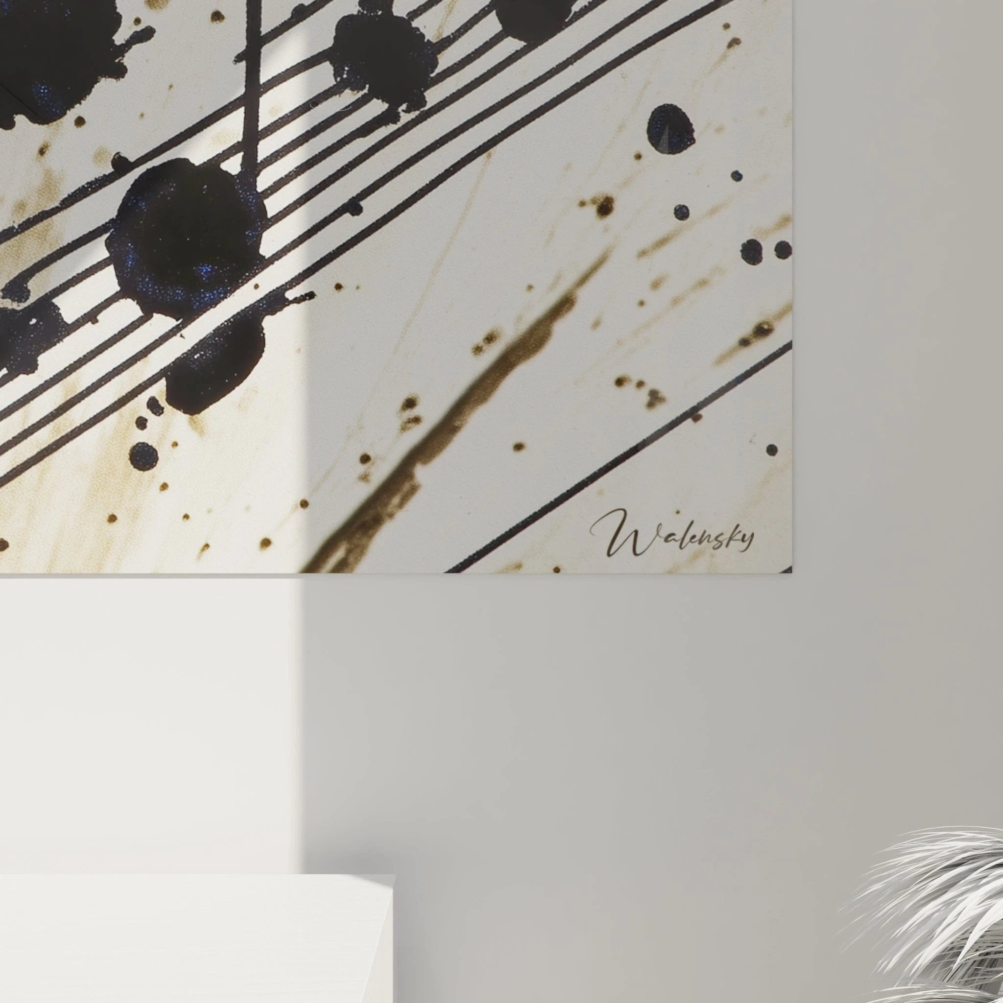 Tableau musique en noir et blanc de Walensky avec des éclaboussures artistiques et des lignes graphiques