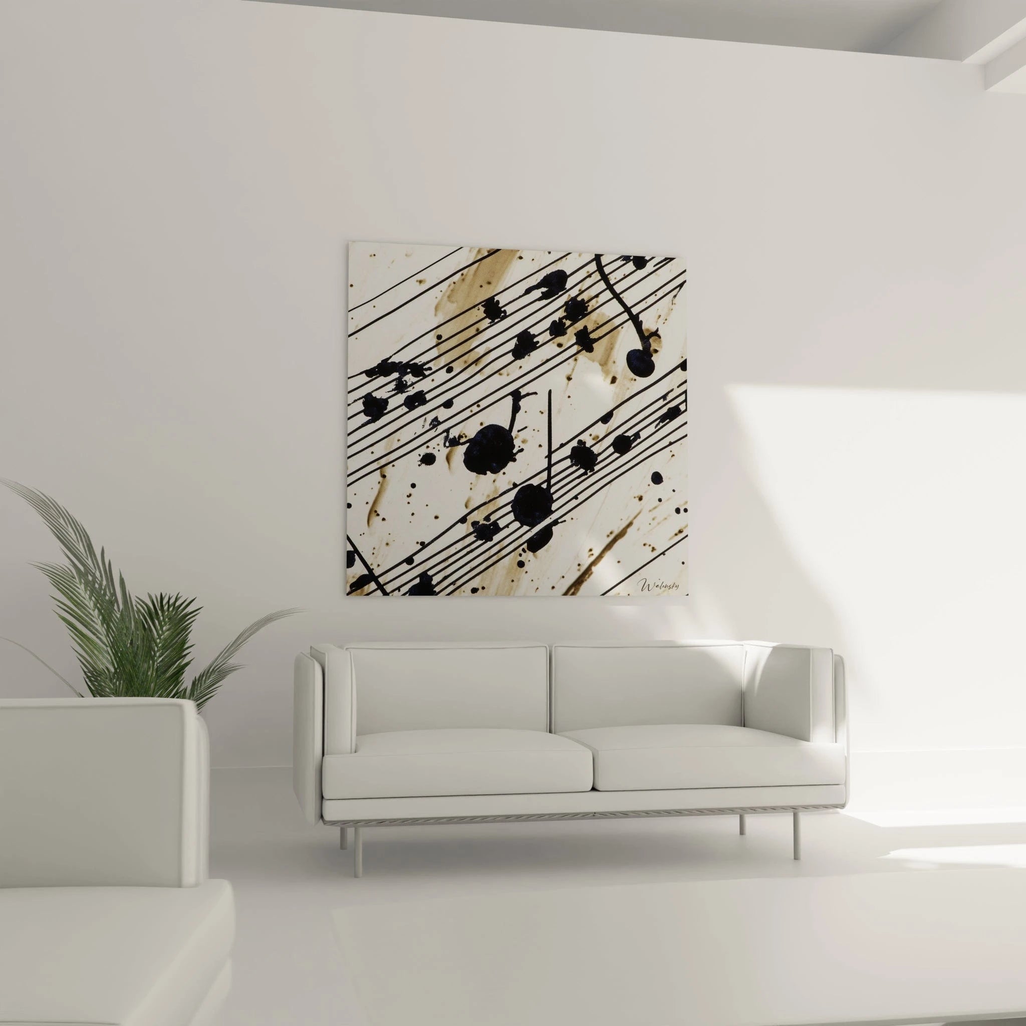 Tableau noir et blanc de musique avec des notes sur fond minimaliste, conçu par Walensky