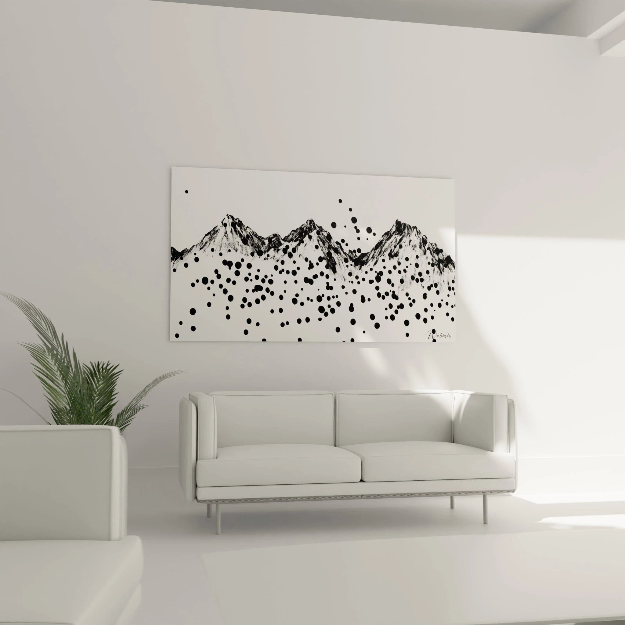 Tableau tacheté noir et blanc de Walensky représentant des montagnes modernes dans un décor minimaliste