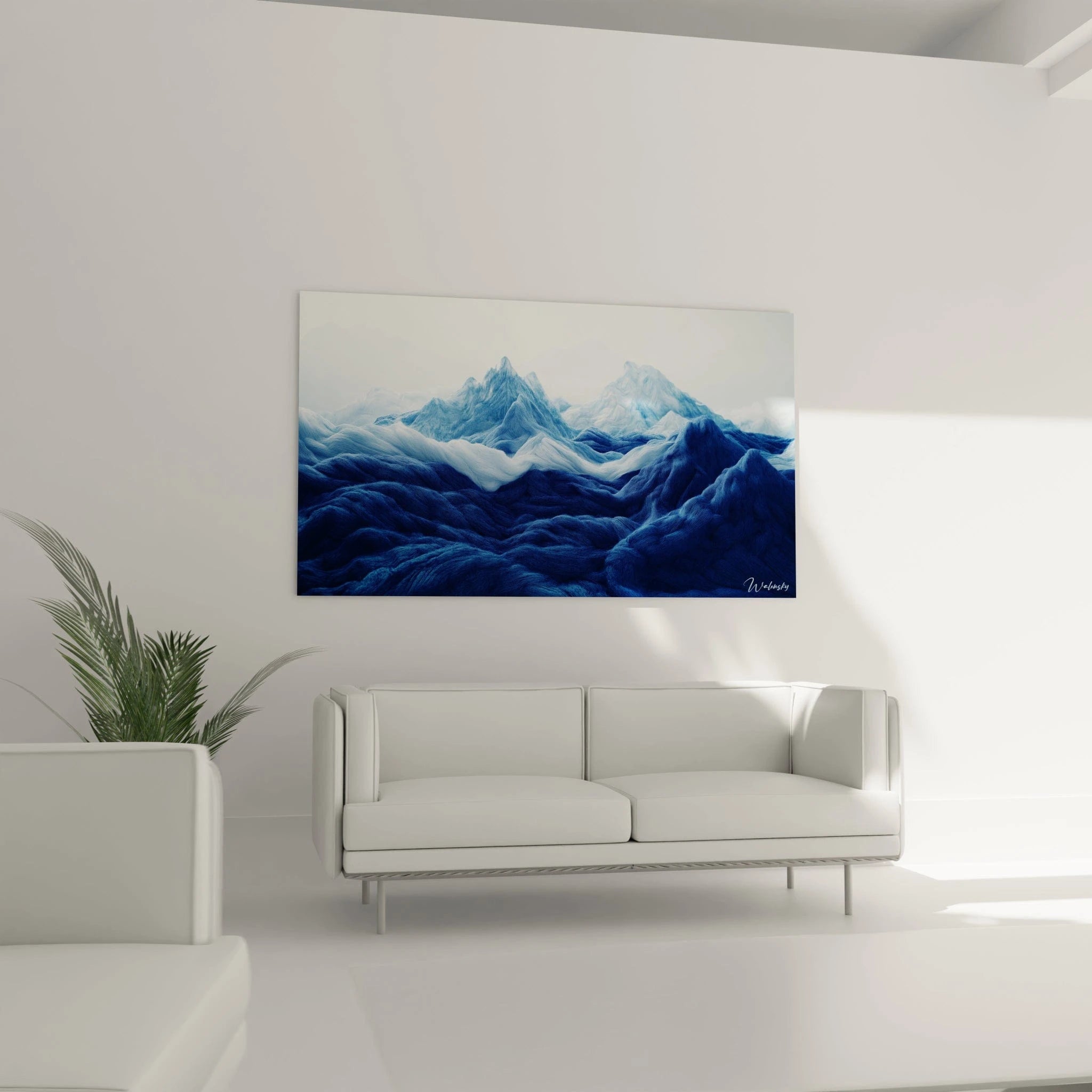 Un tableau paysage alpin aux motifs organiques bleutés présentant un relief montagneux ondulant qui semble en mouvement perpétuel, avec des textures fibreuses détaillées créant un jeu de lumière naturel sur les crêtes et les vallées des sommets bleu azur.