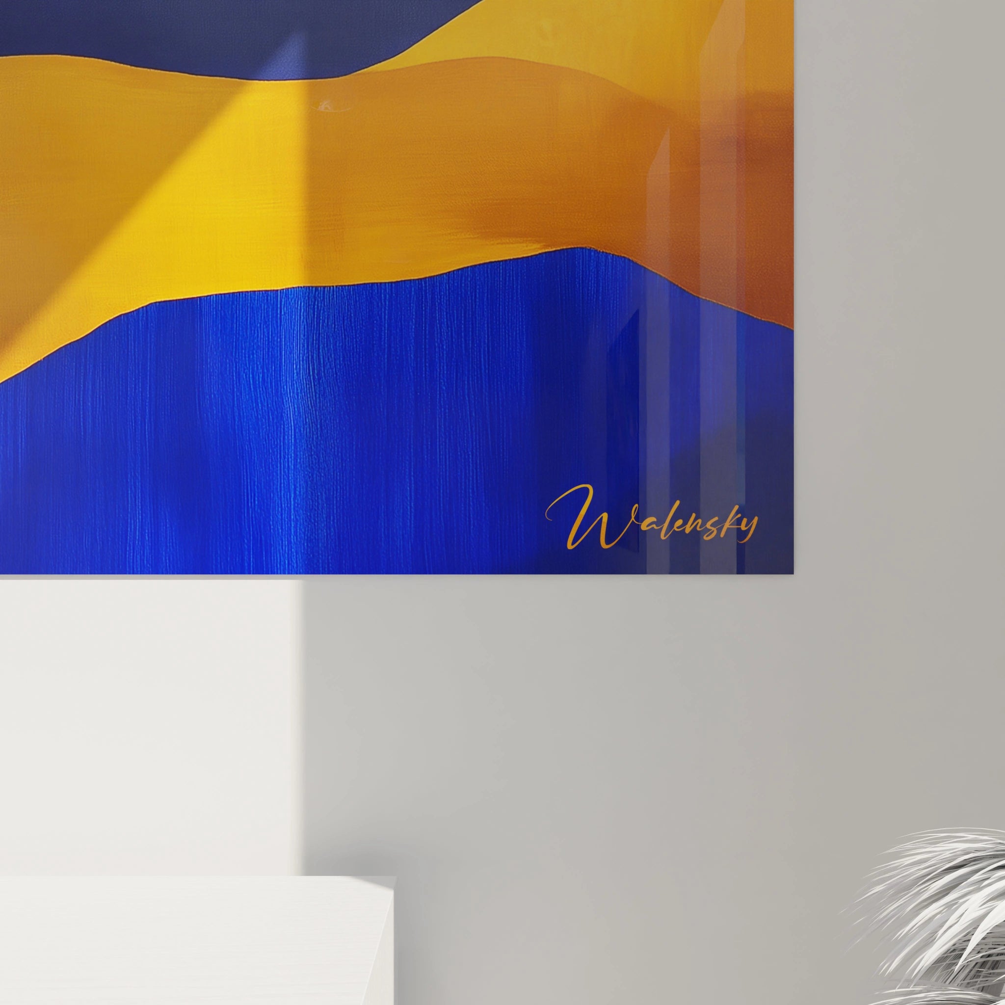 Tableau moderne abstrait de Walensky avec des couleurs jaune et bleu vibrantes