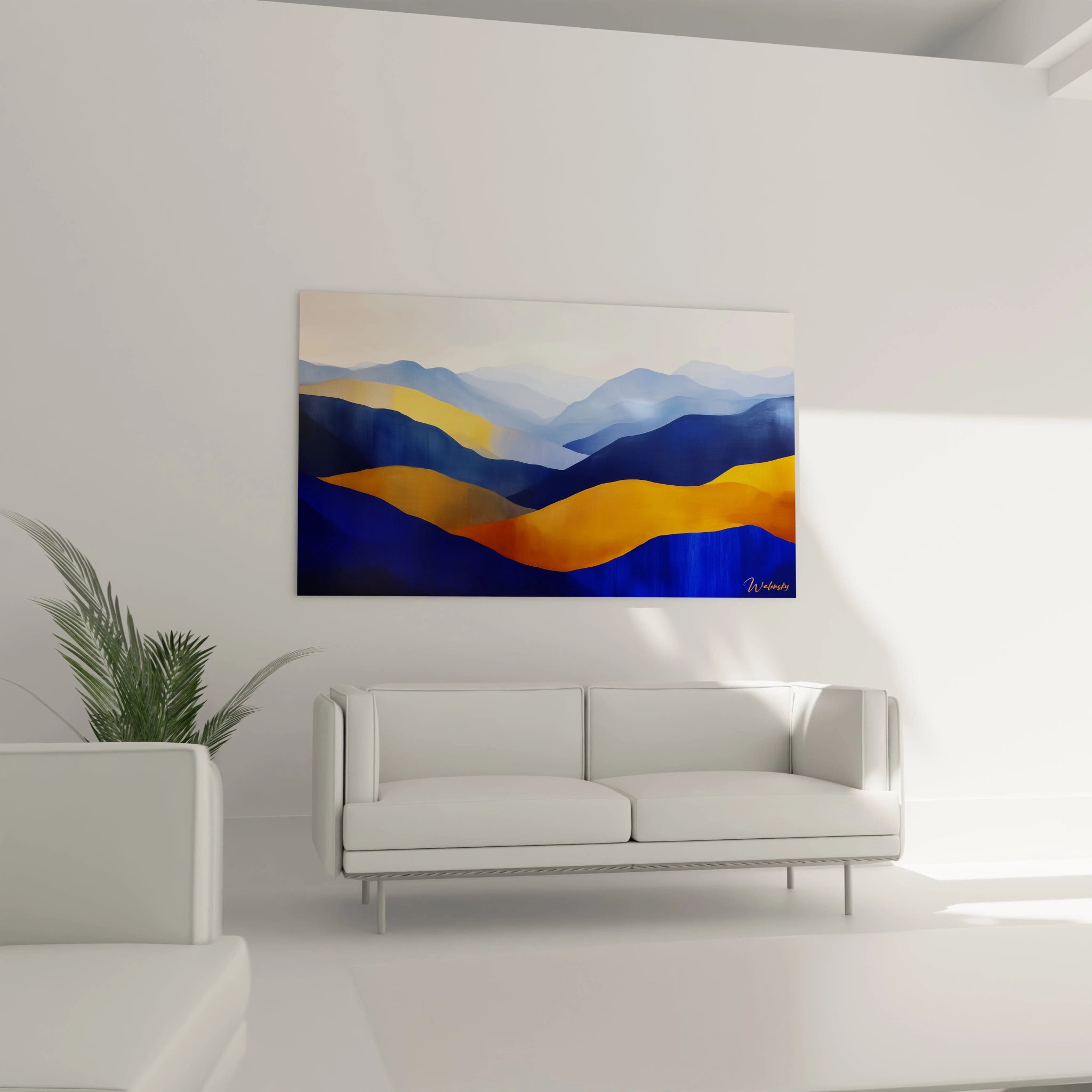 Tableau moderne abstrait Walensky avec des formes ondulées en bleu et jaune pour une décoration contemporaine