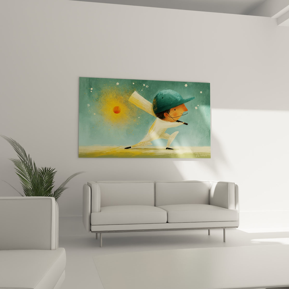 Silhouette dynamique en tenue blanche et casque vert au-dessus d'un canapé dans un salon lumineux