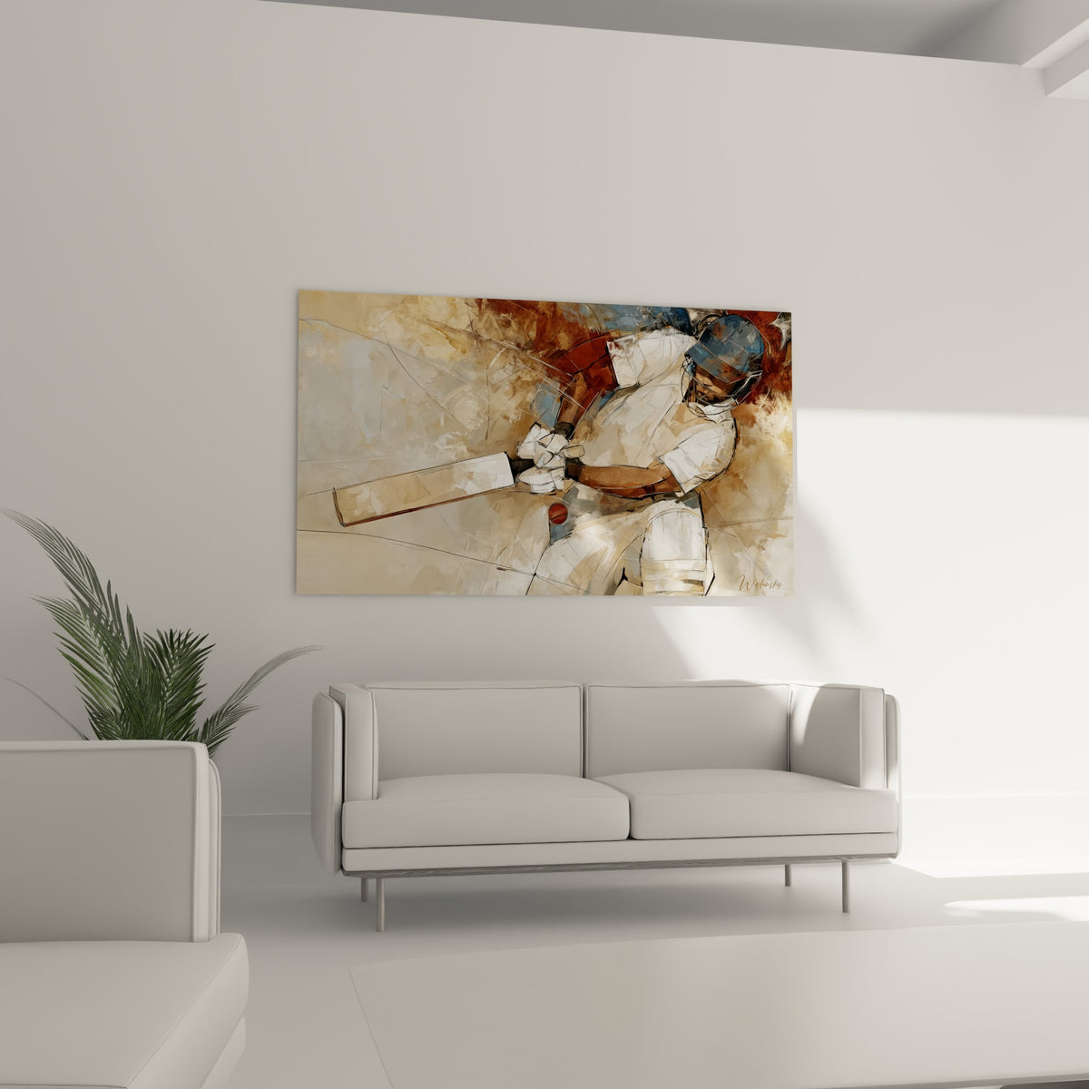 Scène de cricket ocre et terracotta avec batteur casqué placée au-dessus d'un canapé dans un salon lumineux