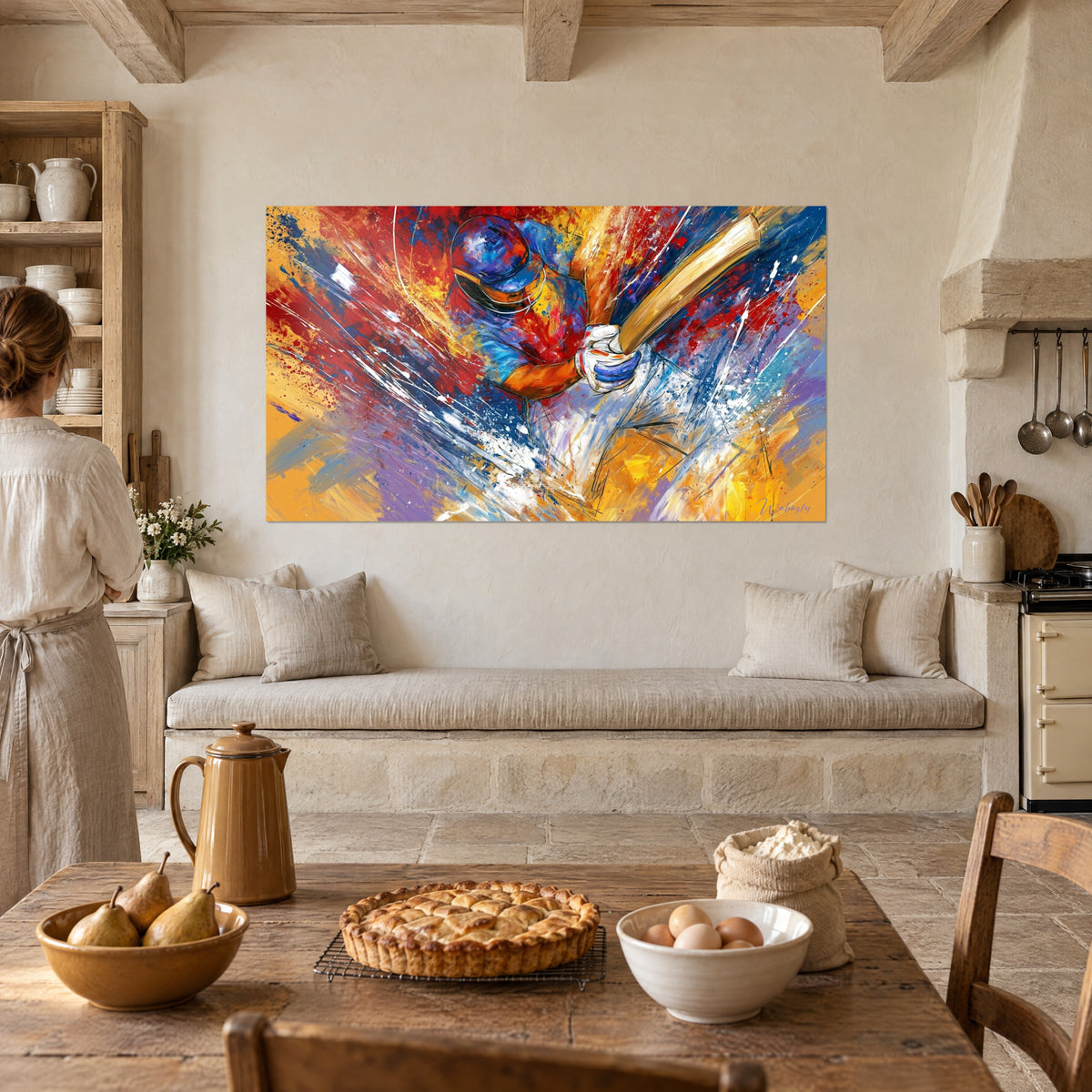 Wall art cricket batsman mid-swing, raised golden bat, ultramarine blue and vivid red, beside a rustic stone kitchen