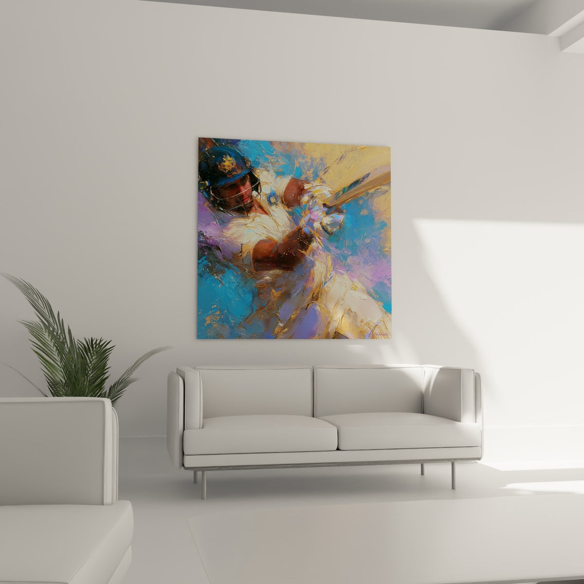Sportif casqué frappant la balle, nuances violettes et bleues, au-dessus d'un canapé dans un salon lumineux