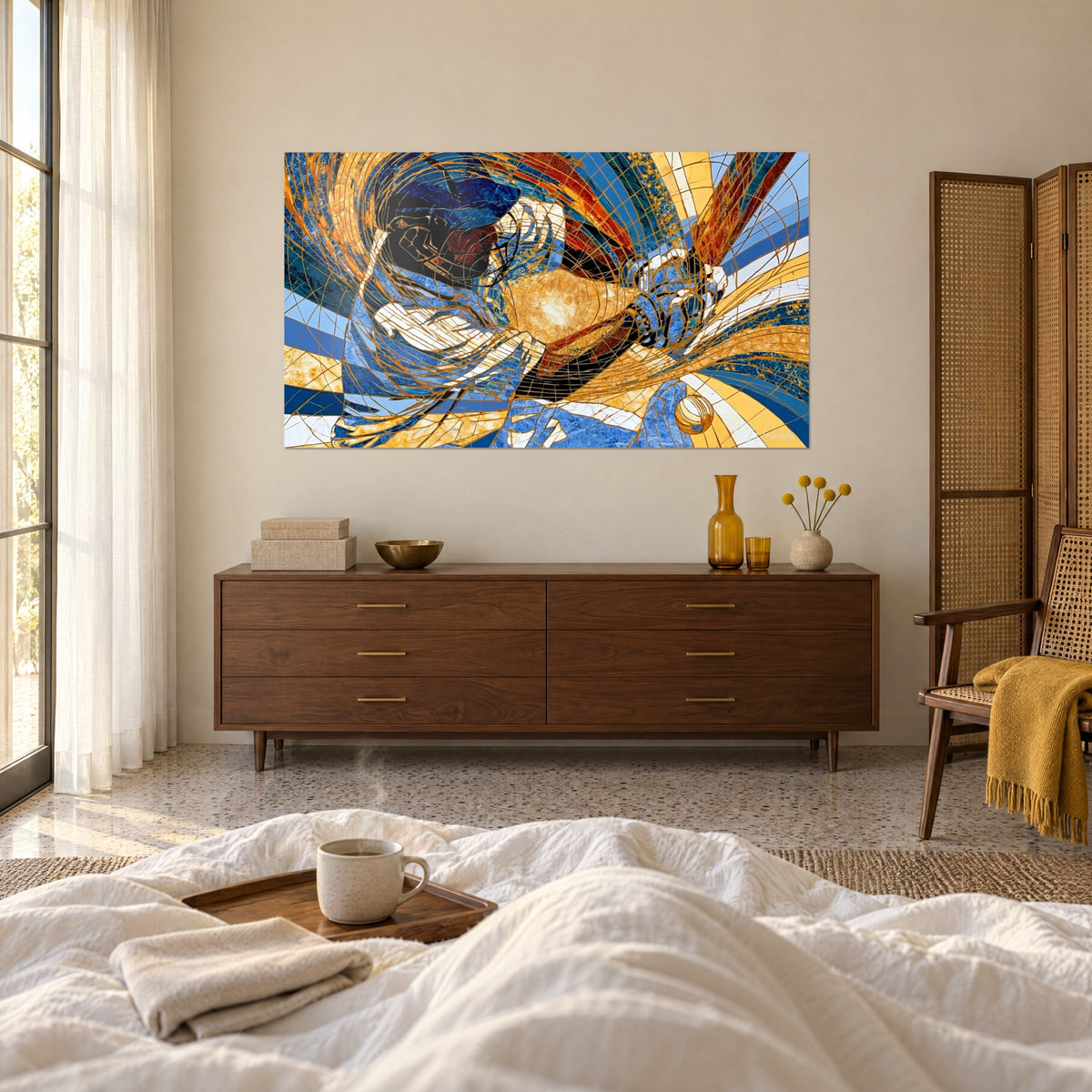 Wall art of a helmeted batsman with gold craquelure in navy and white, round ball at the bottom, above a bed in a light bedroom