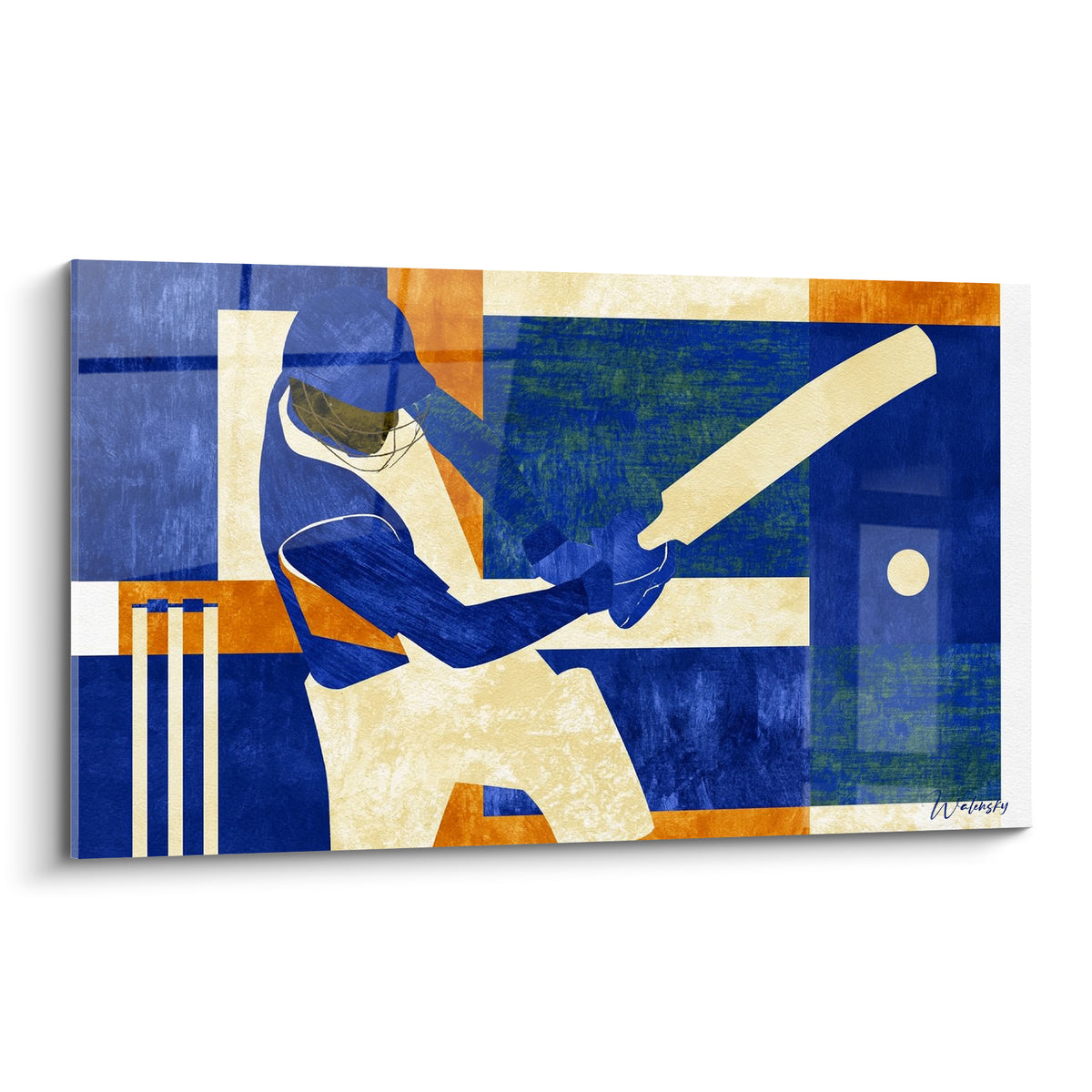 Batteur de cricket en bleu marine et ocre, geste figé, batte levée sur fond graphique texturé