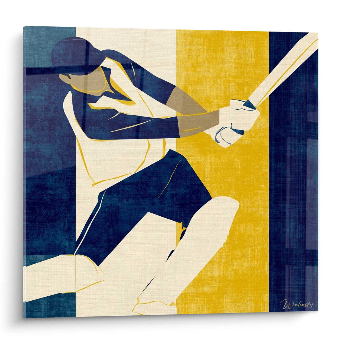 Batteur de cricket en bleu marine et ocre doré, geste suspendu, style graphique en aplats texturés