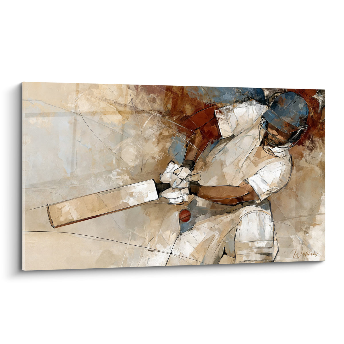 Batteur de cricket casque bleu marine et tenue blanche frappant une balle rouge sur fond ocre esquissé