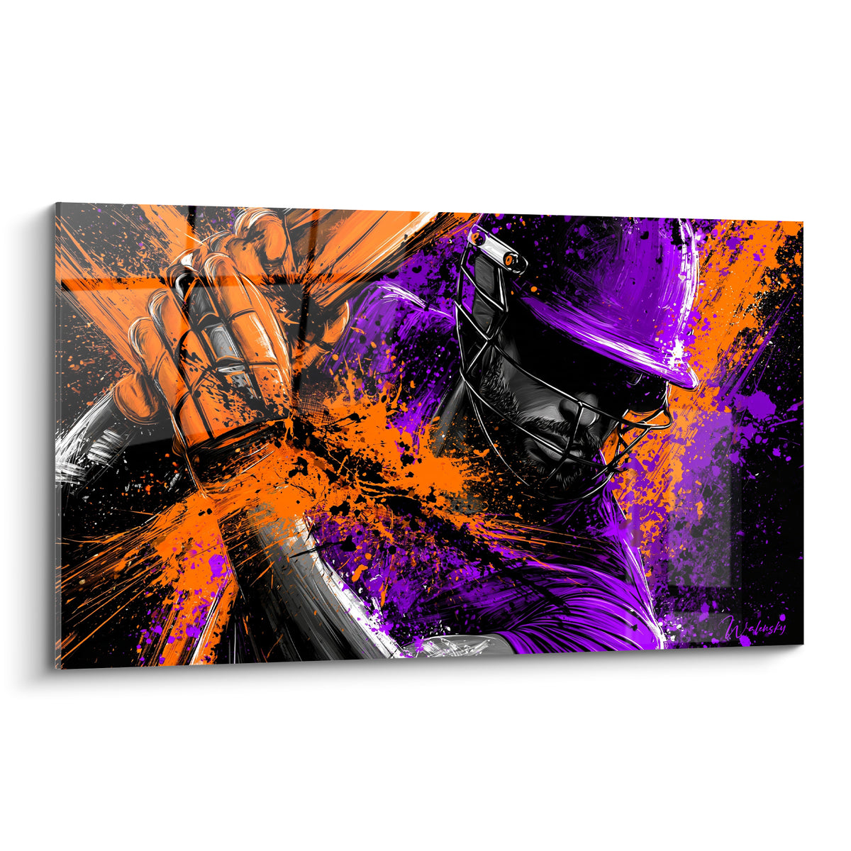 Batteur de cricket casqué violet, éclaboussures orange vif sur fond noir intense