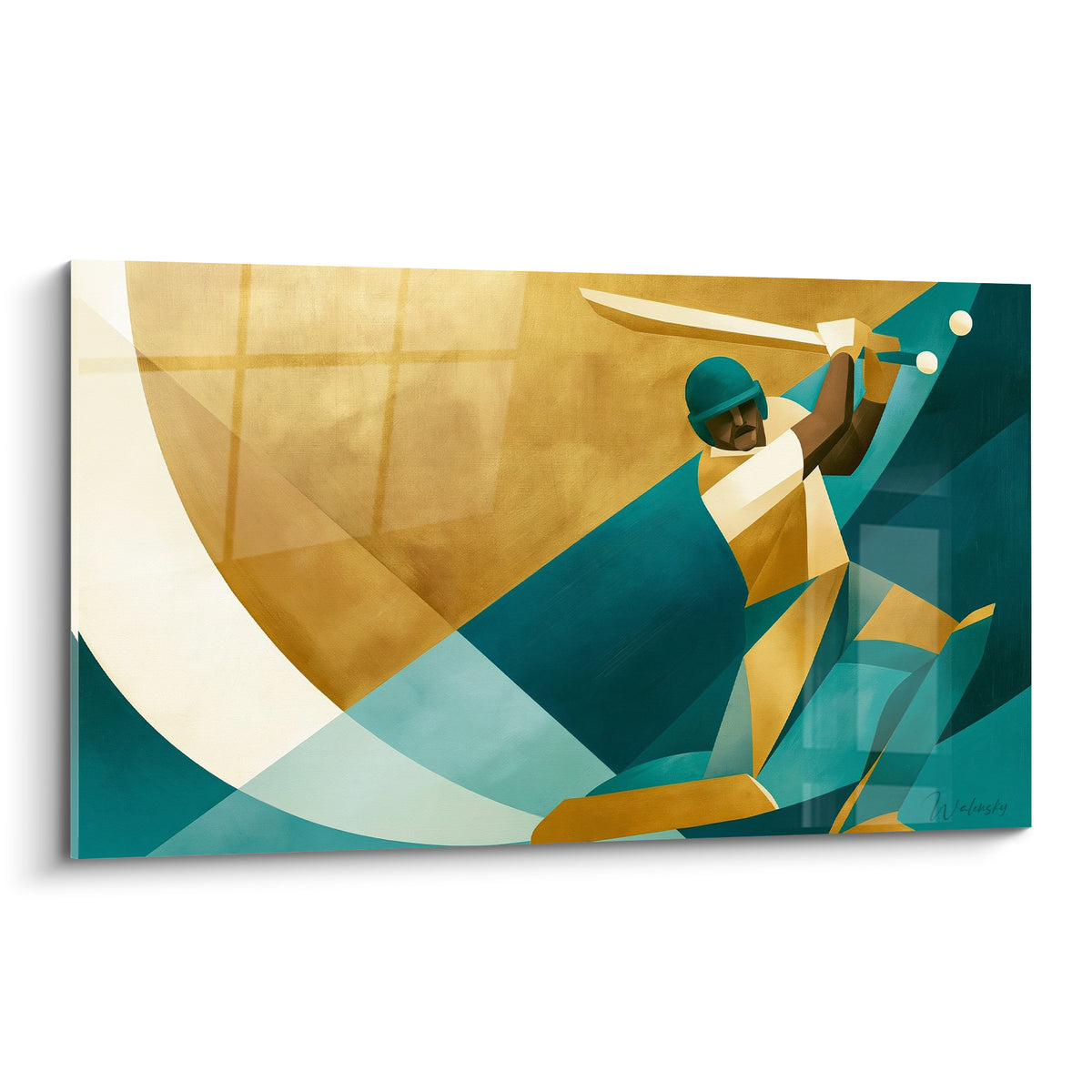 Batteur cricket stylisé en doré et sarcelle, batte levée, fond géométrique lumineux et coloré