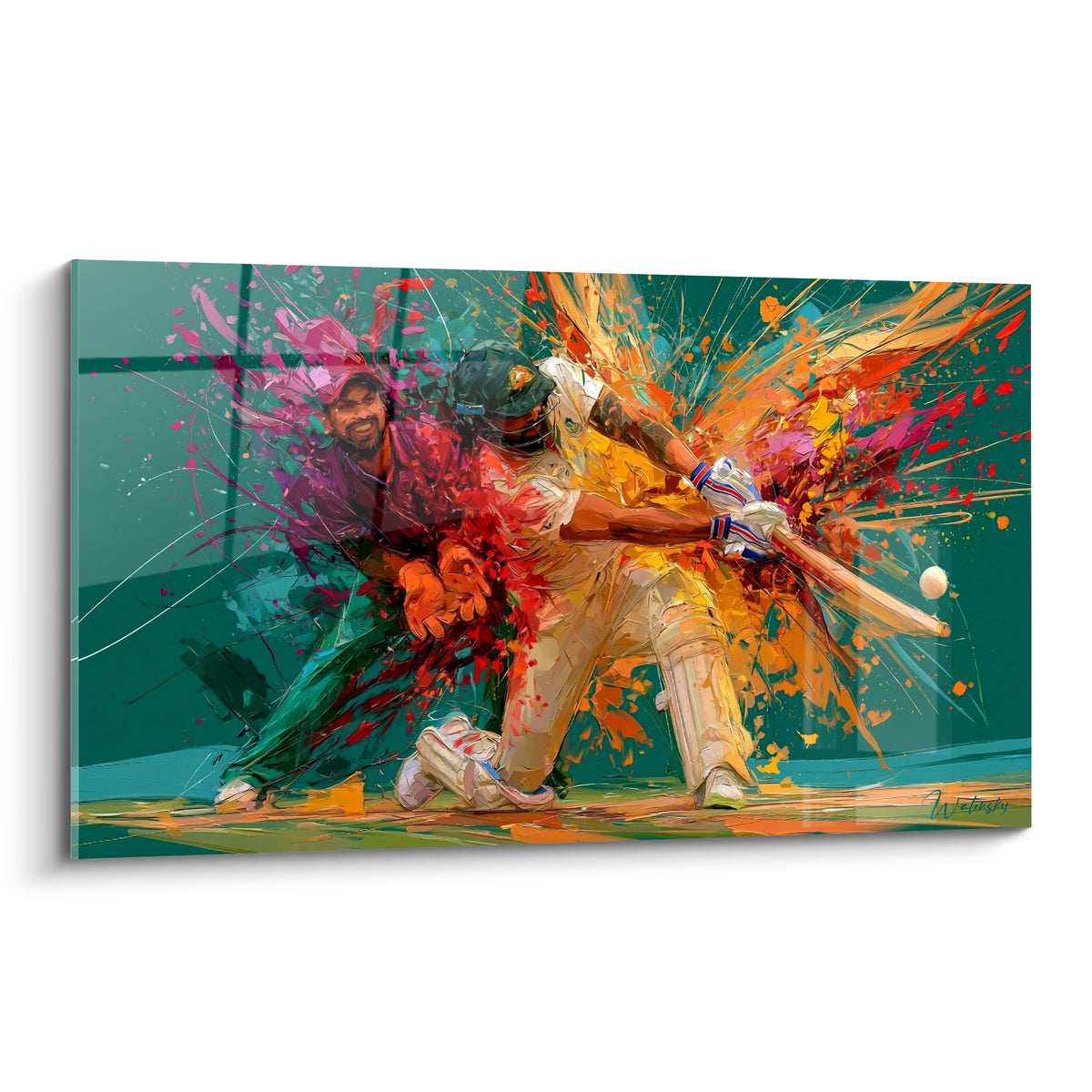 Batteur en plein swing, casque sombre, explosion orange et rouge sur fond sarcelle profond