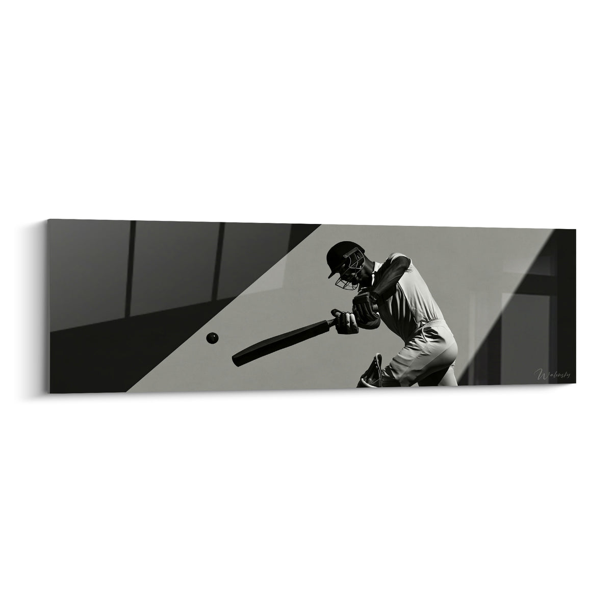 Batteur cricket casqué noir frappant une balle sur fond gris anthracite et blanc