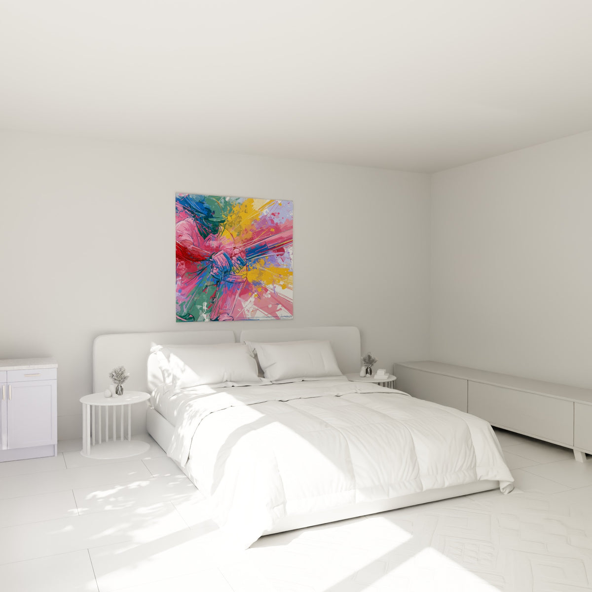 Joueur de cricket rose vif et bleu marine accroché au-dessus d'un lit dans une chambre claire