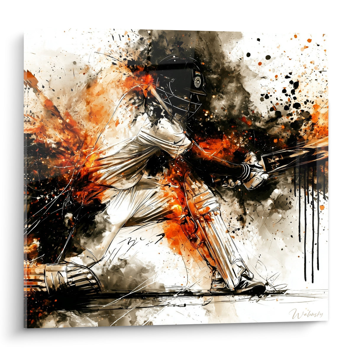 Batteur cricket casqué en blanc, éclaboussures orange et anthracite en plein élan