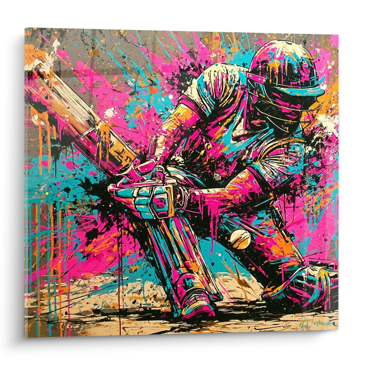 Batteur cricket casqué en rose fuchsia et turquoise, éclaboussures orange doré sur fond anthracite