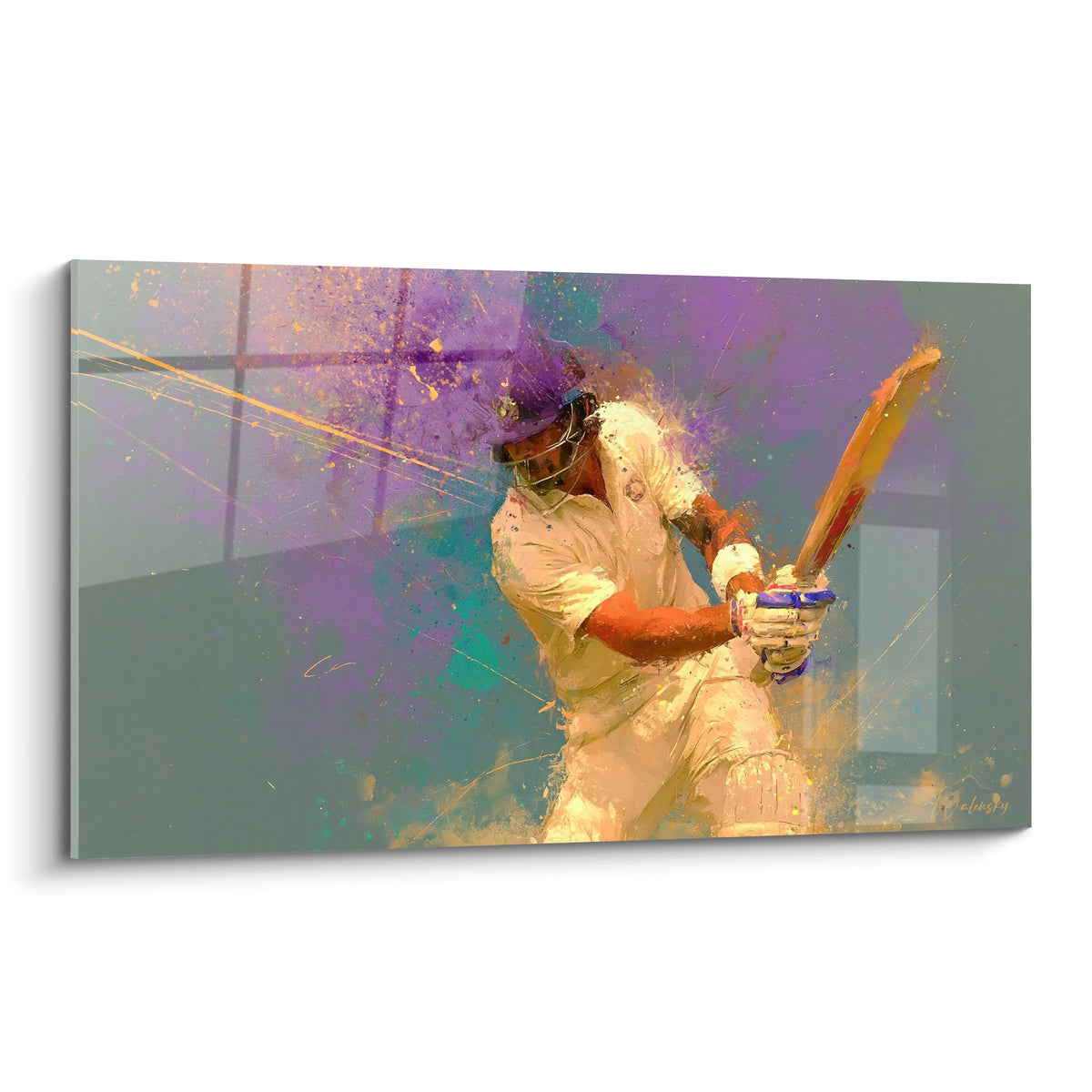Batteur de Cricket doré et violet, casque bleu, geste tendu, éclats de peinture fauve autour de lui