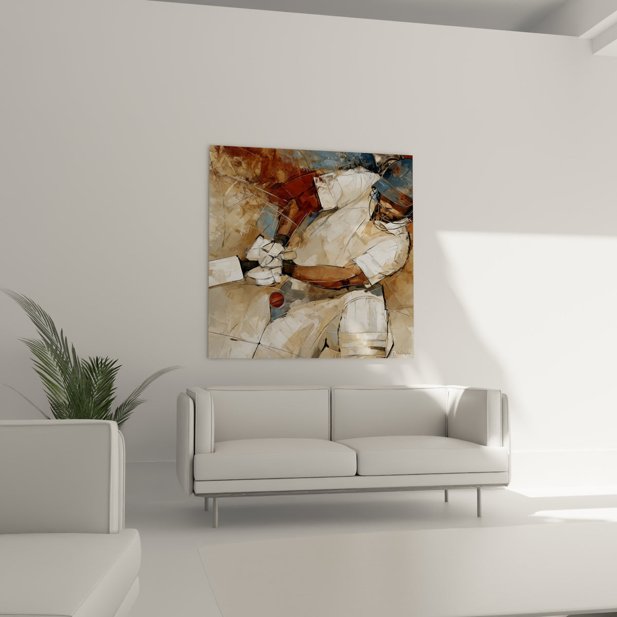 Silhouette du batteur Cricket en blanc et bleu marine, casque texturé, au-dessus d'un canapé dans un salon lumineux
