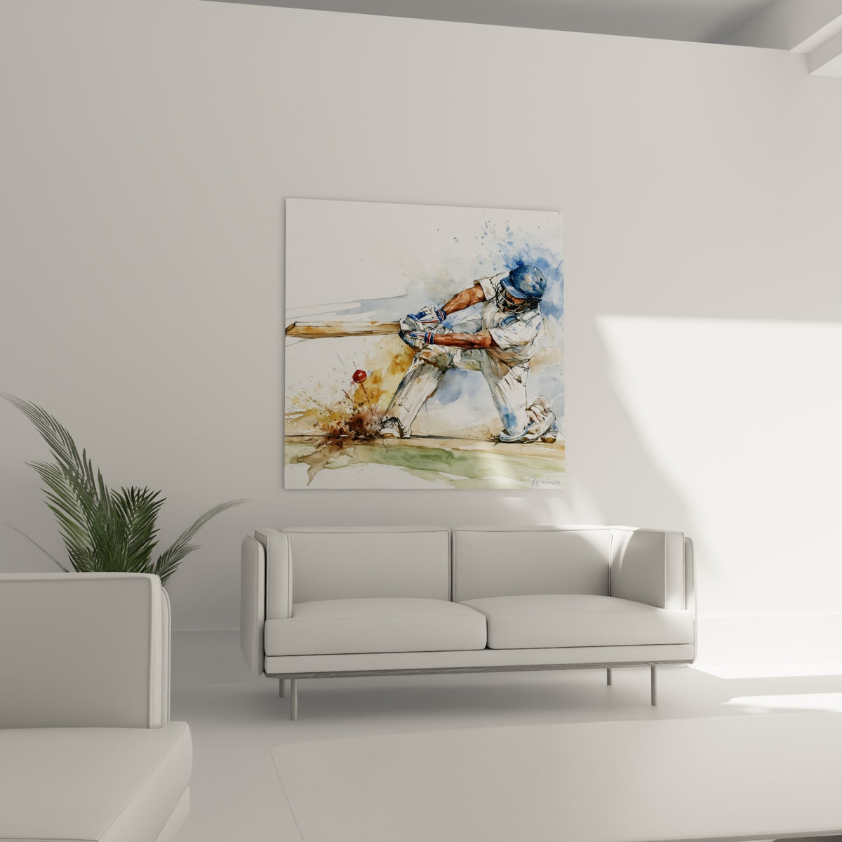 Sportif penché frappant la balle rouge, tons ocre et bleus, au-dessus d'un canapé dans un salon lumineux.