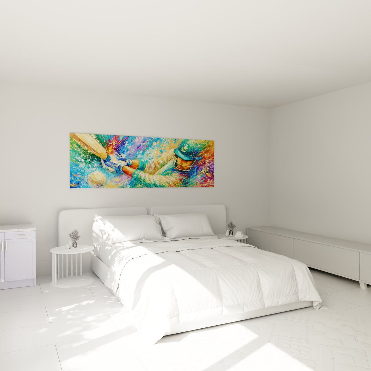 Joueur de cricket turquoise et orangé au-dessus d'un lit dans une chambre claire